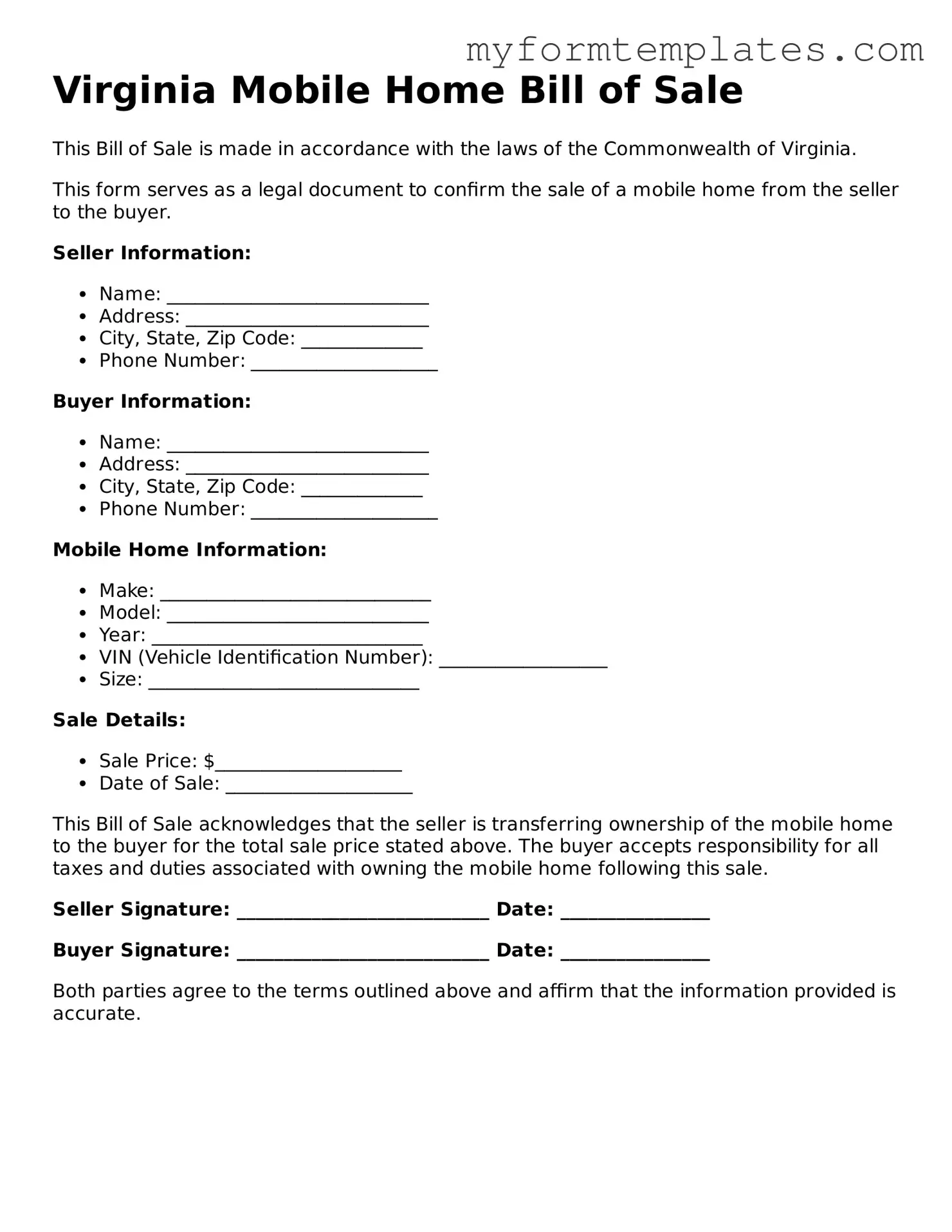 Official Mobile Home Bill of Sale Form for the State of Virginia