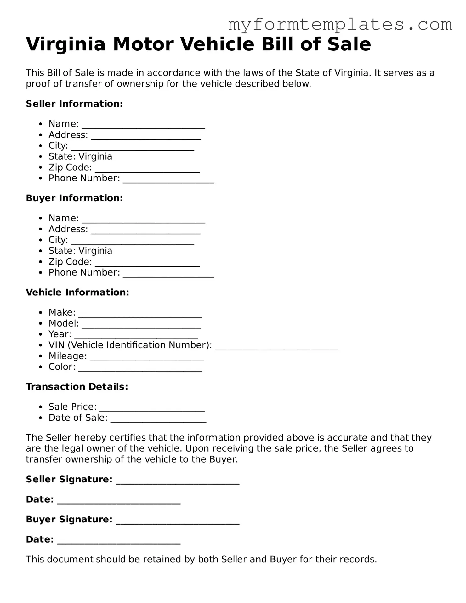 Official Motor Vehicle Bill of Sale Form for the State of Virginia