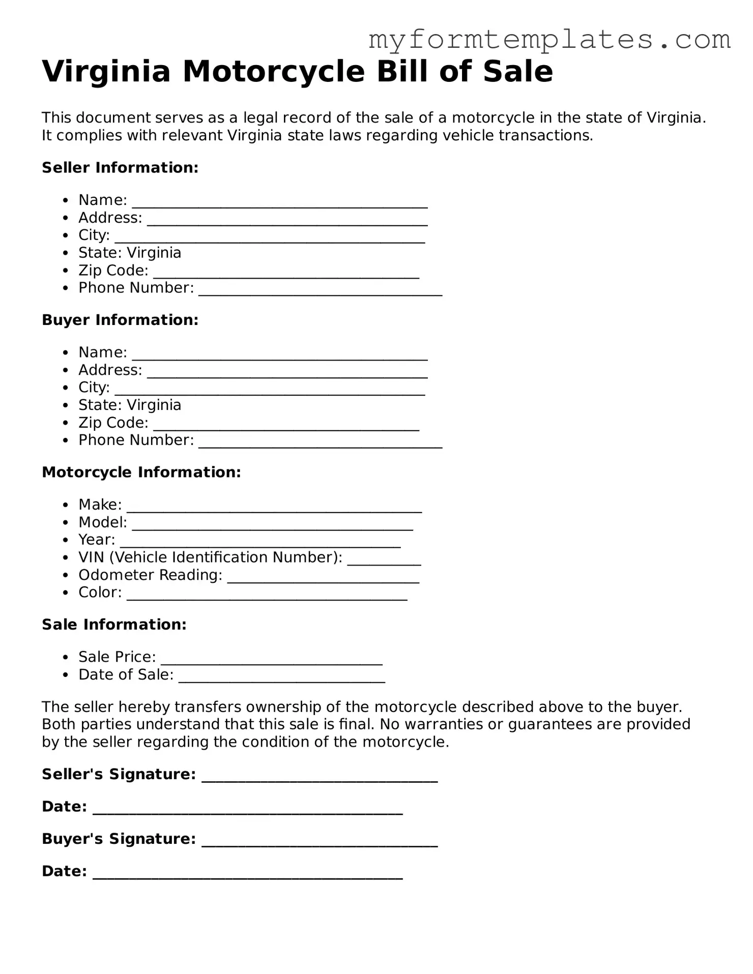 Official Motorcycle Bill of Sale Form for the State of Virginia