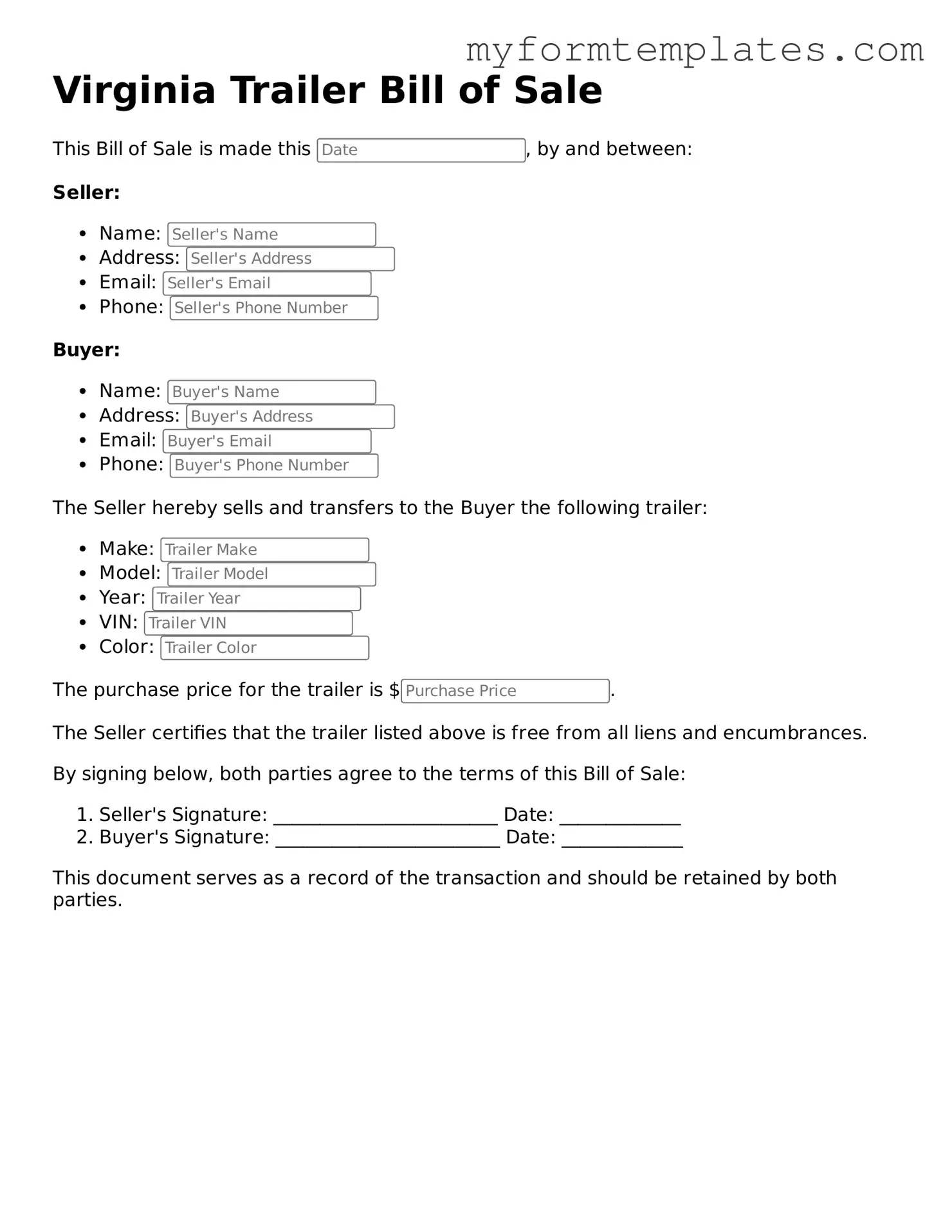 Official Trailer Bill of Sale Form for the State of Virginia