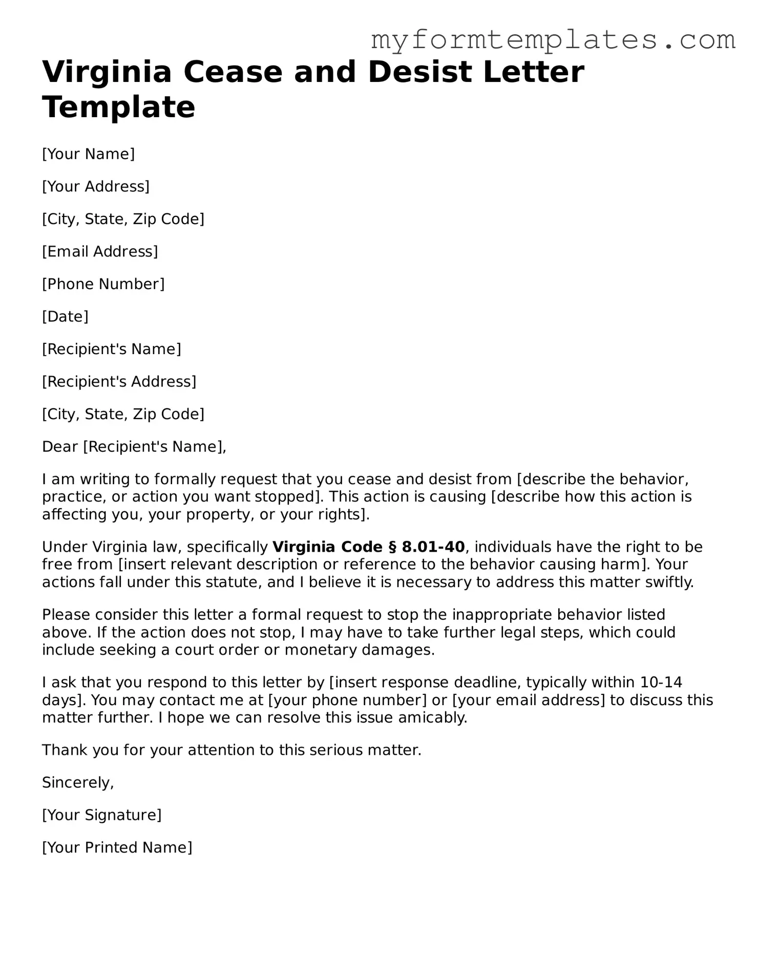 Official Cease and Desist Letter Form for the State of Virginia