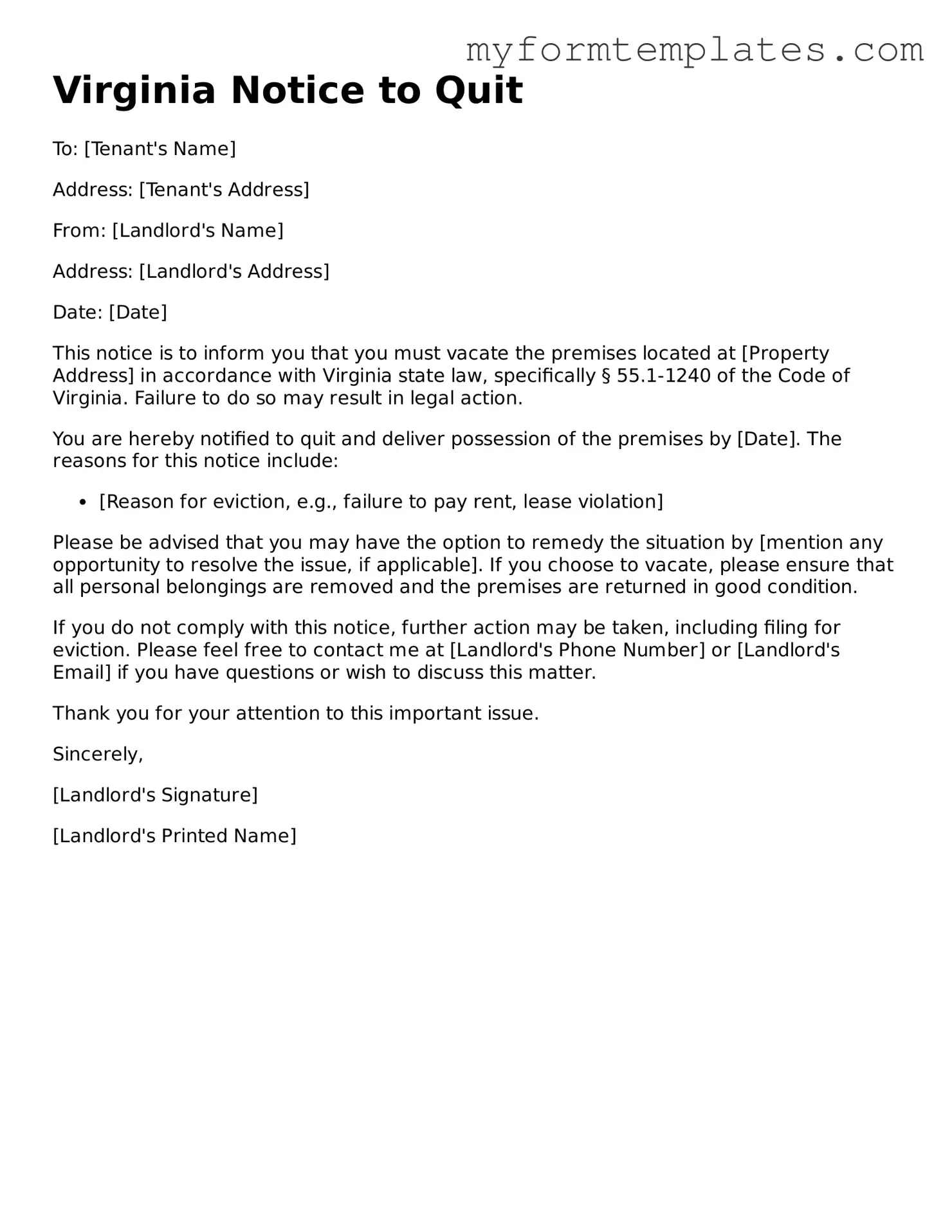Official Notice to Quit Form for the State of Virginia