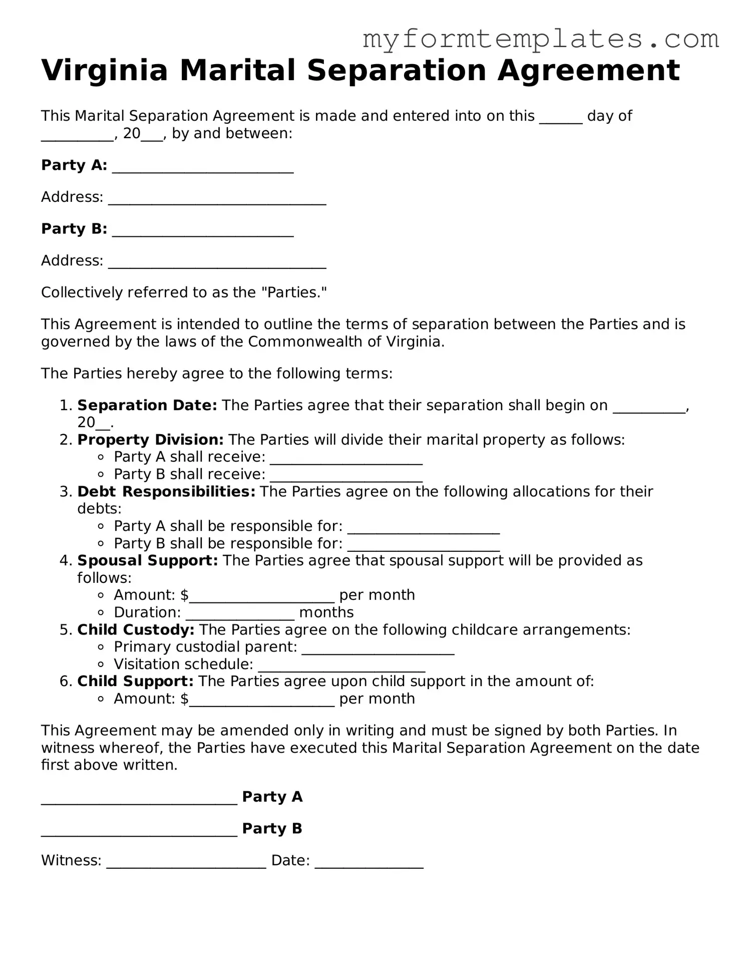 Official Marital Separation Agreement Form for the State of Virginia
