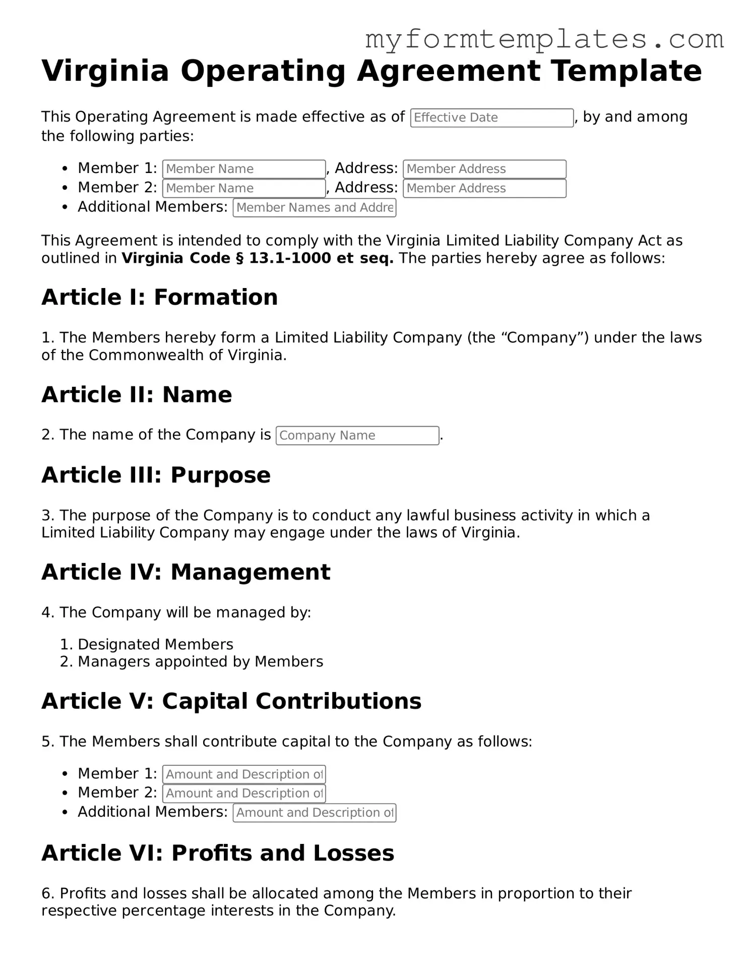 Official Operating Agreement Form for the State of Virginia