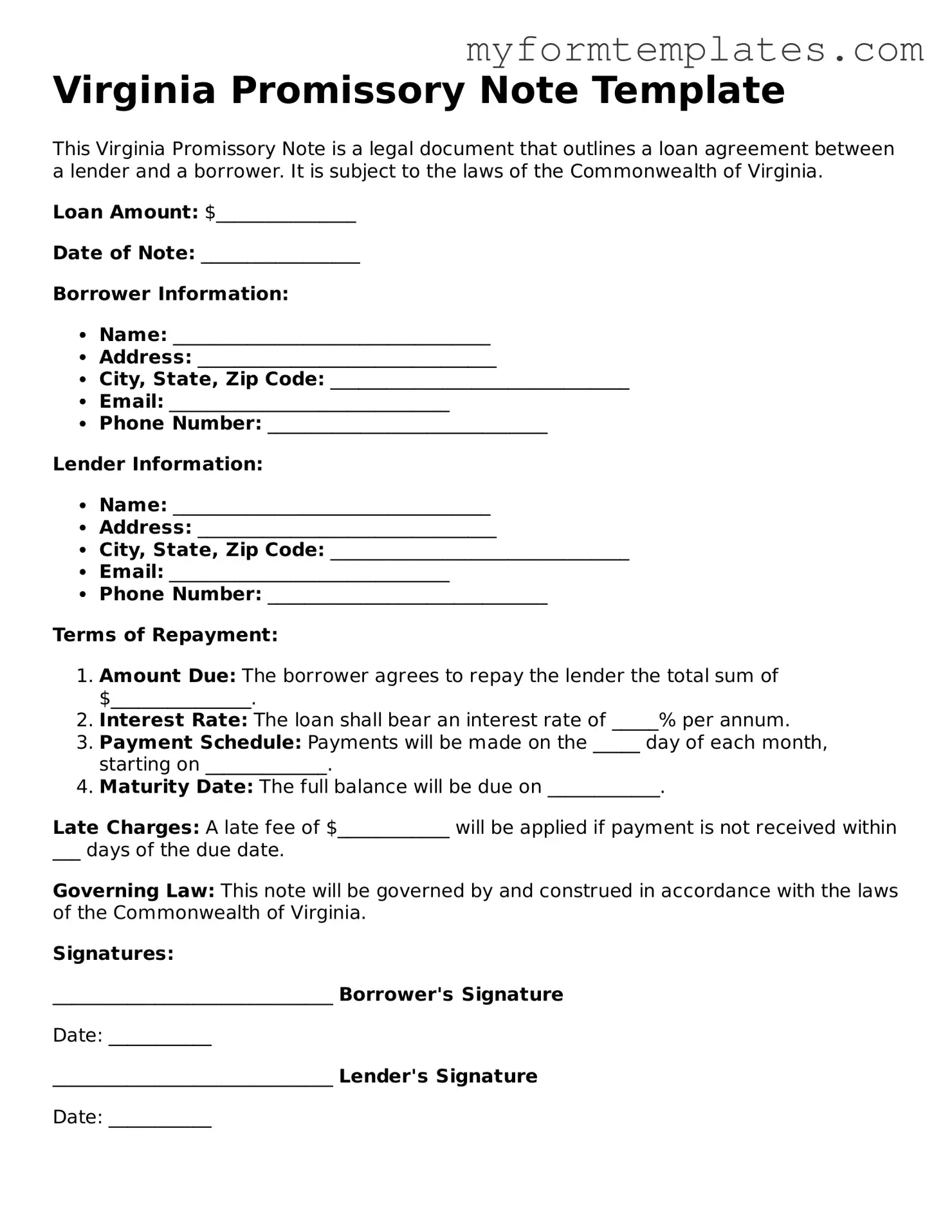 Official Promissory Note Form for the State of Virginia