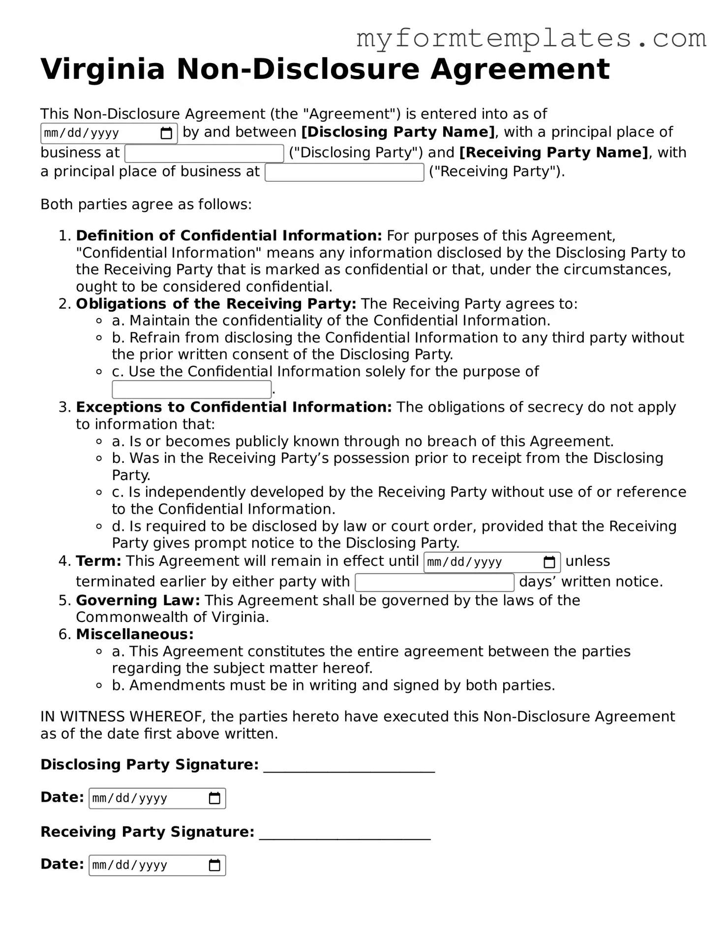Official Non-disclosure Agreement Form for the State of Virginia