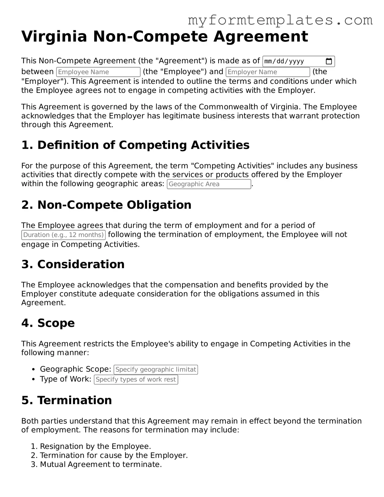Official Non-compete Agreement Form for the State of Virginia
