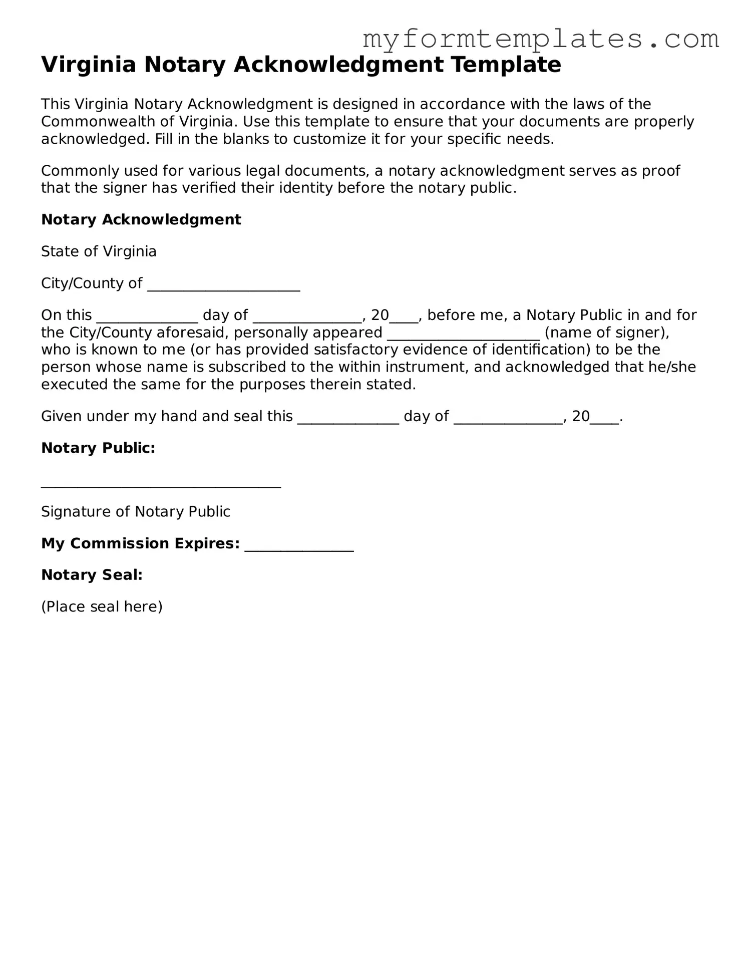 Official Notary Acknowledgement Form for the State of Virginia