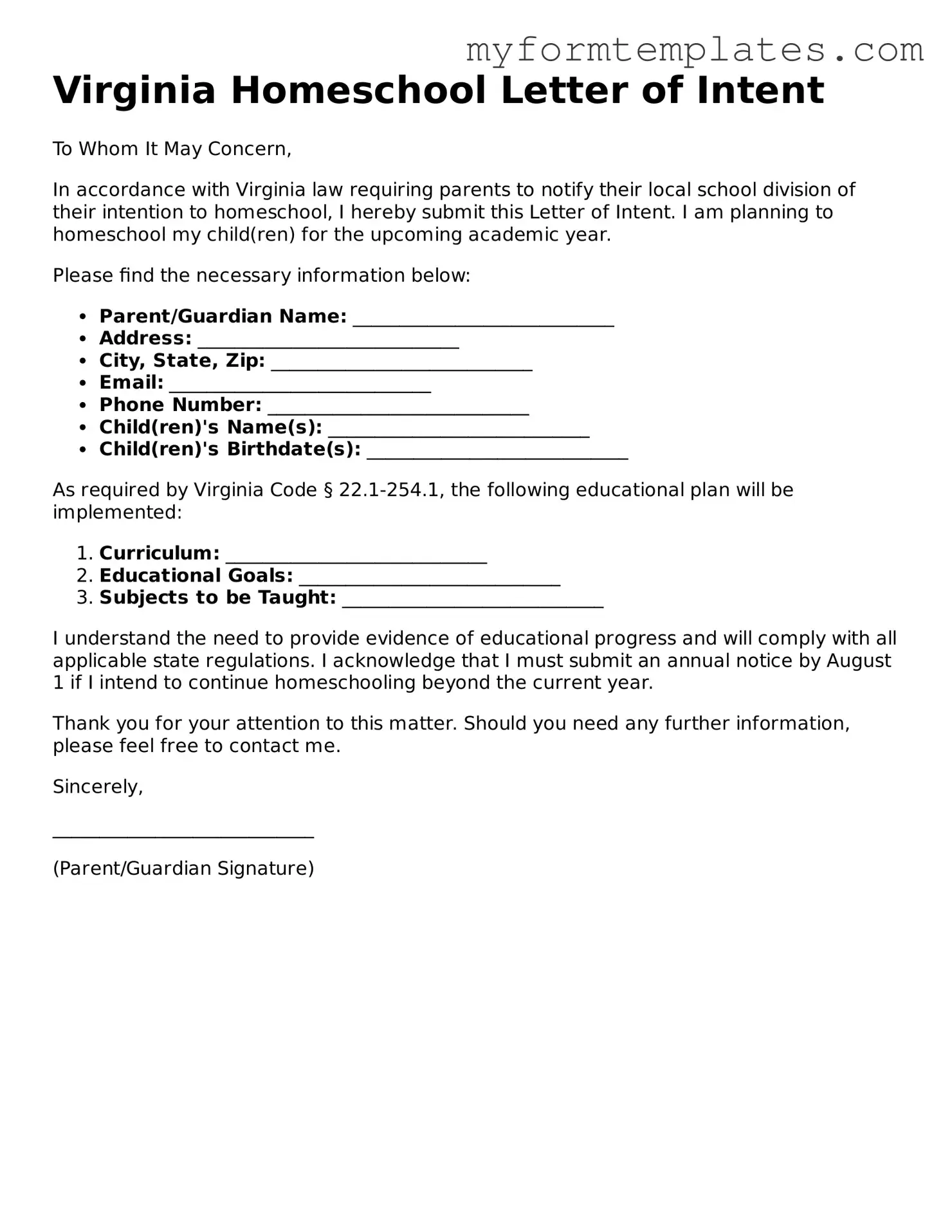 Official Homeschool Letter of Intent Form for the State of Virginia