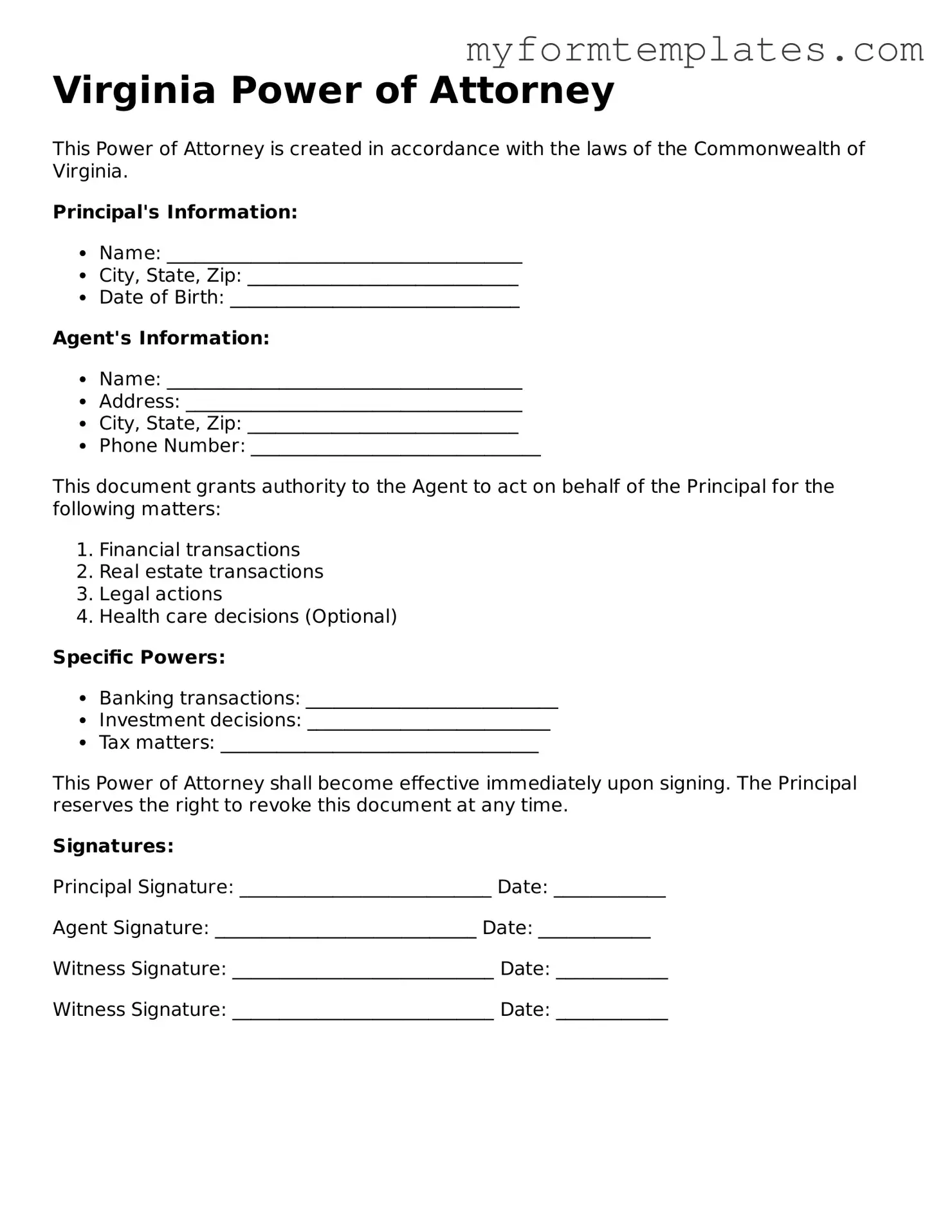 Official Power of Attorney Form for the State of Virginia