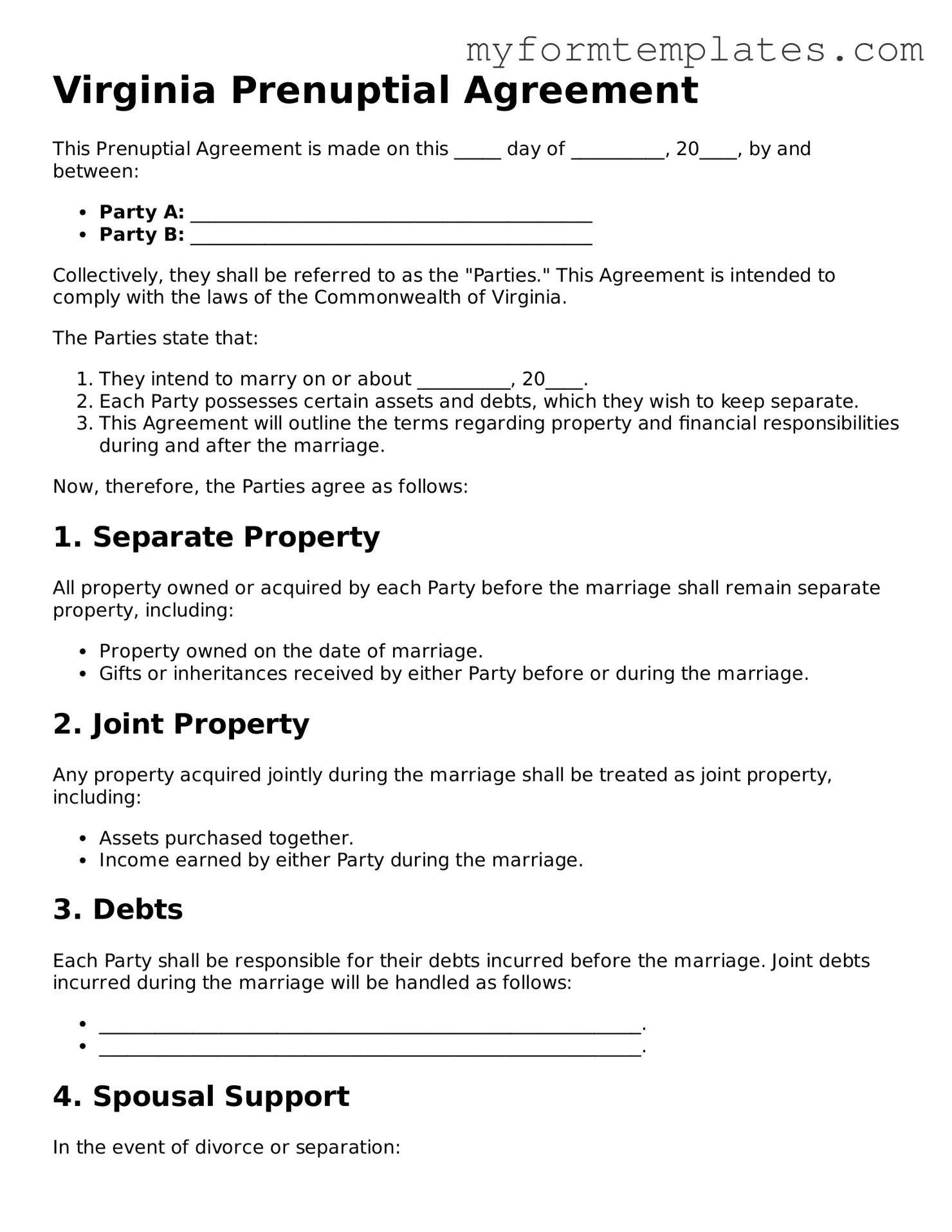 Official Prenuptial Agreement Form for the State of Virginia