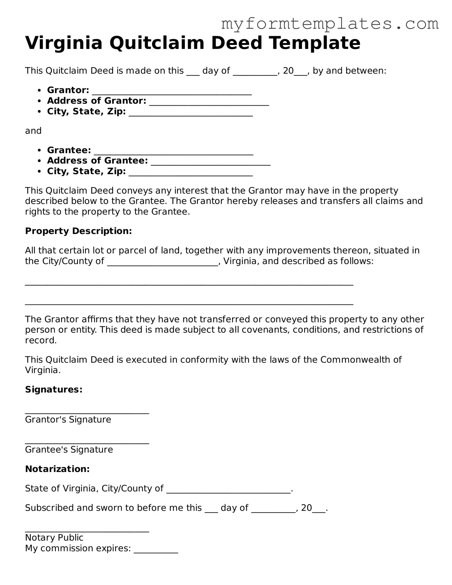 Official Quitclaim Deed Form for the State of Virginia