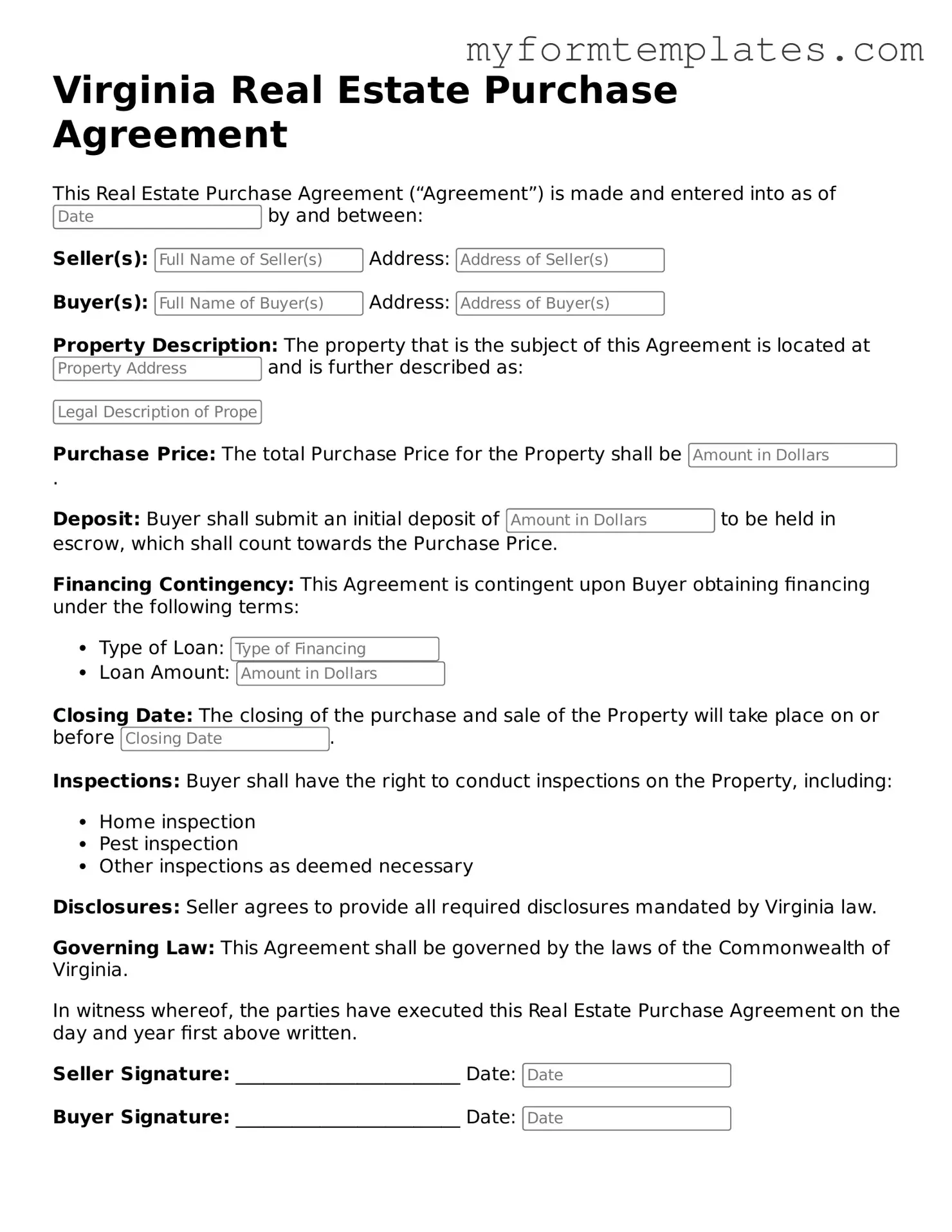 Official Real Estate Purchase Agreement Form for the State of Virginia