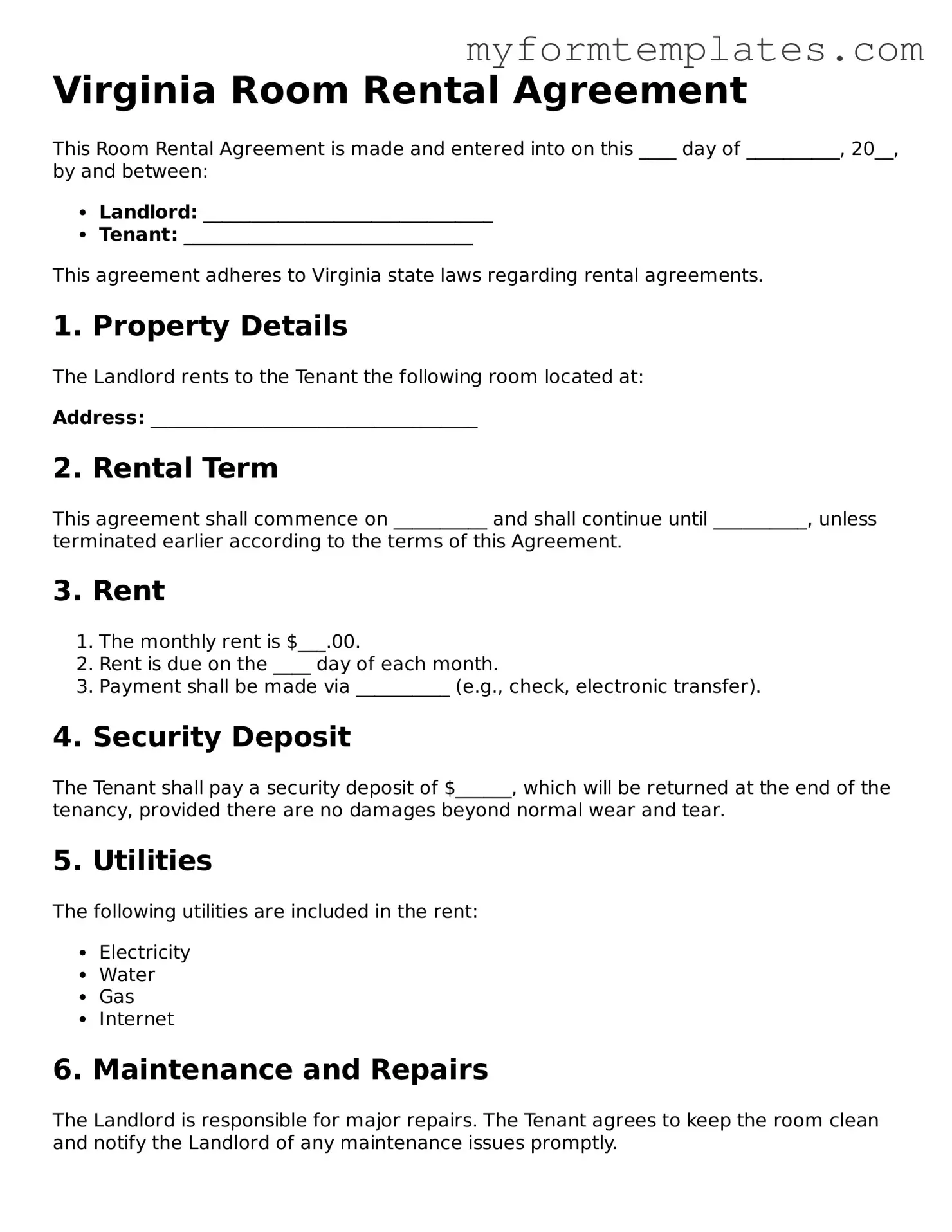 Official Room Rental Agreement Form for the State of Virginia