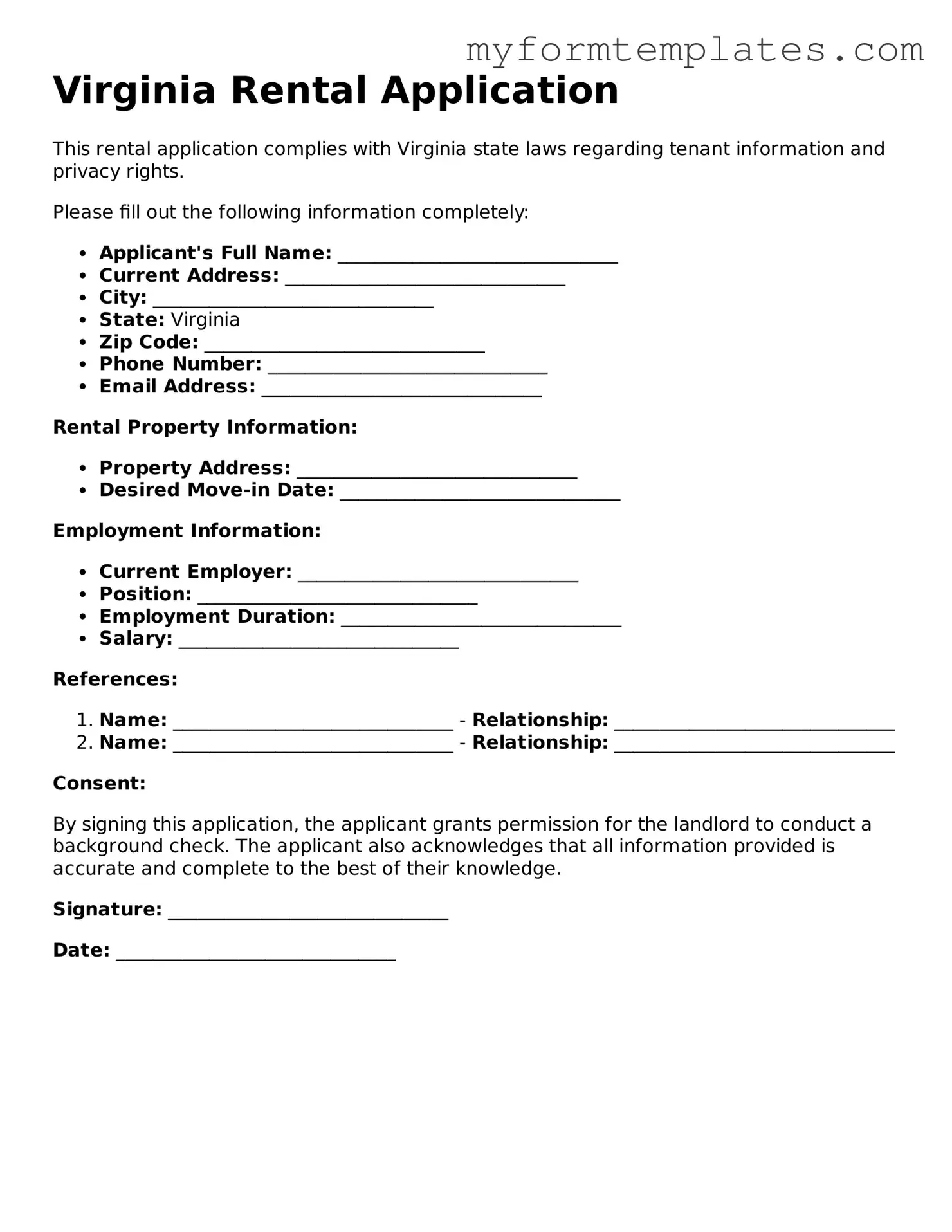 Official Rental Application Form for the State of Virginia