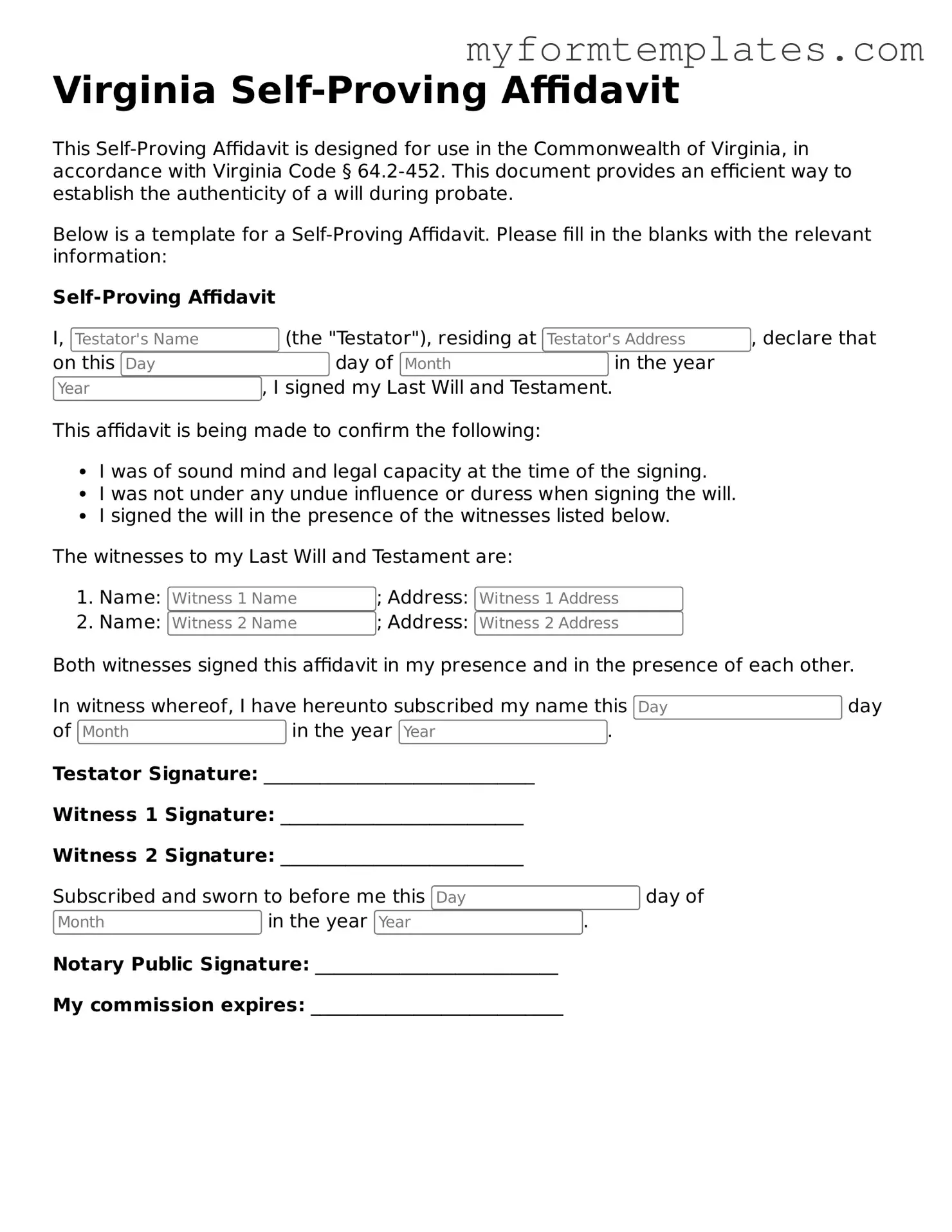 Official Self-Proving Affidavit Form for the State of Virginia