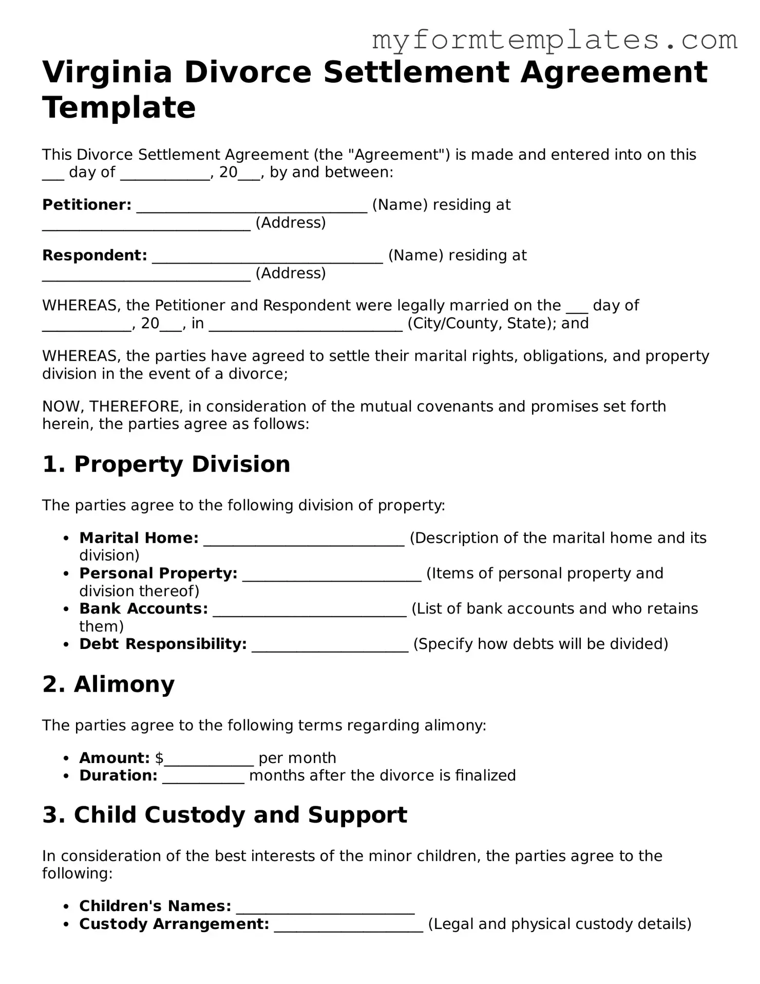 Official Divorce Settlement Agreement Form for the State of Virginia