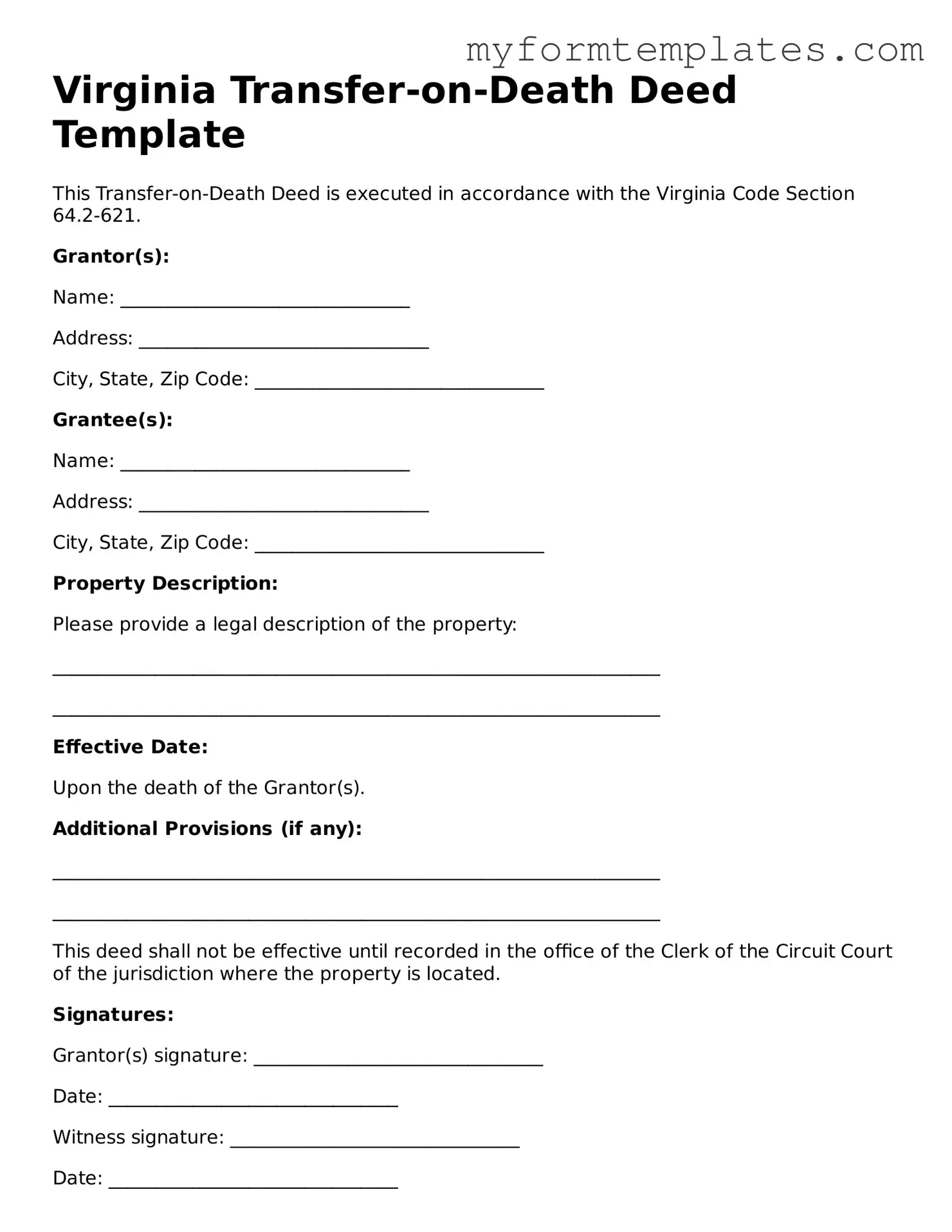 Official Transfer-on-Death Deed Form for the State of Virginia