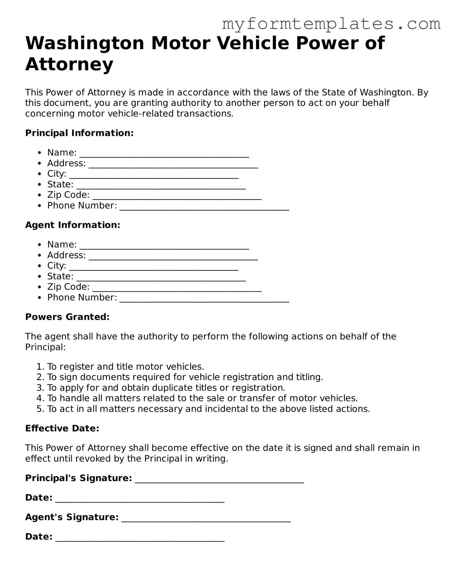 Official Motor Vehicle Power of Attorney Form for the State of Washington