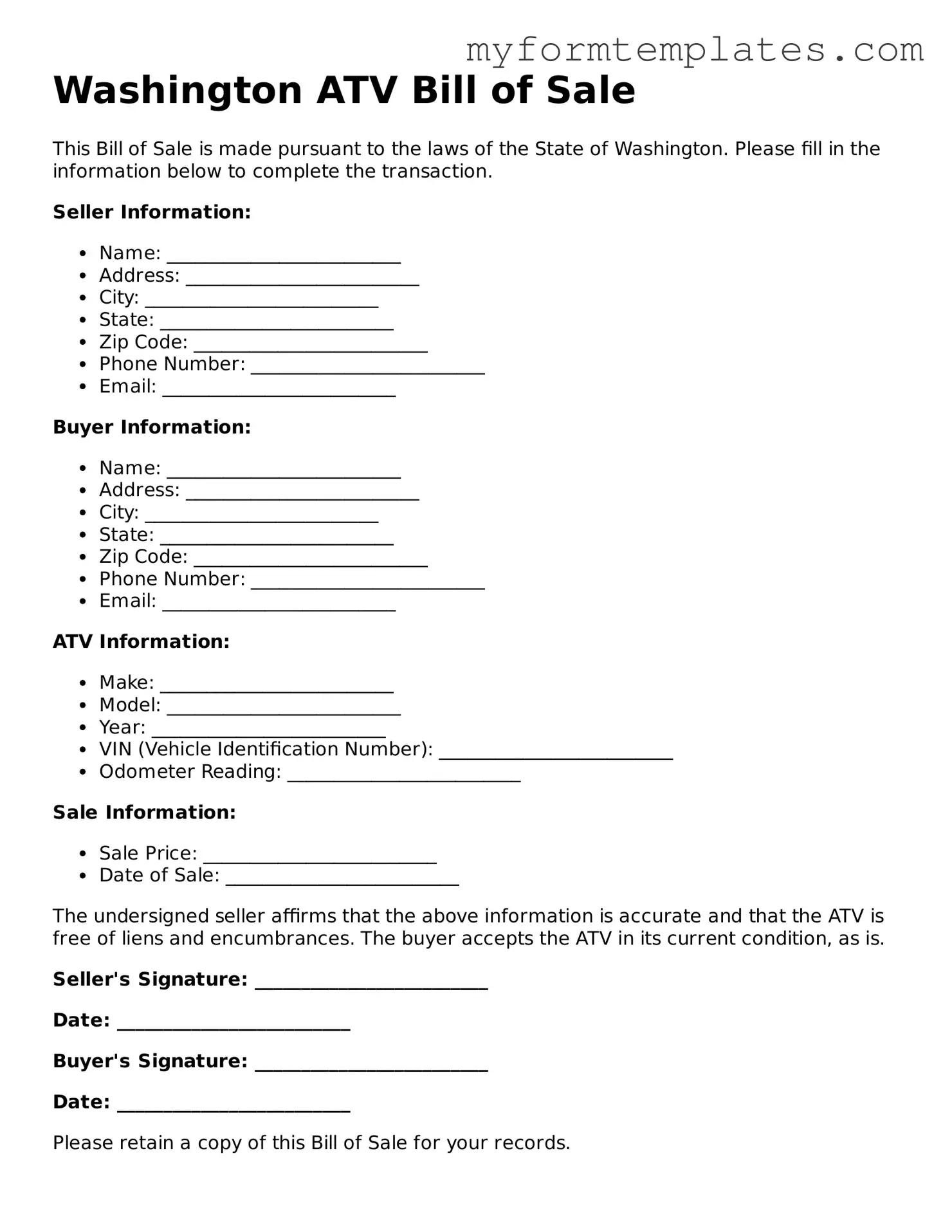 Official ATV Bill of Sale Form for the State of Washington
