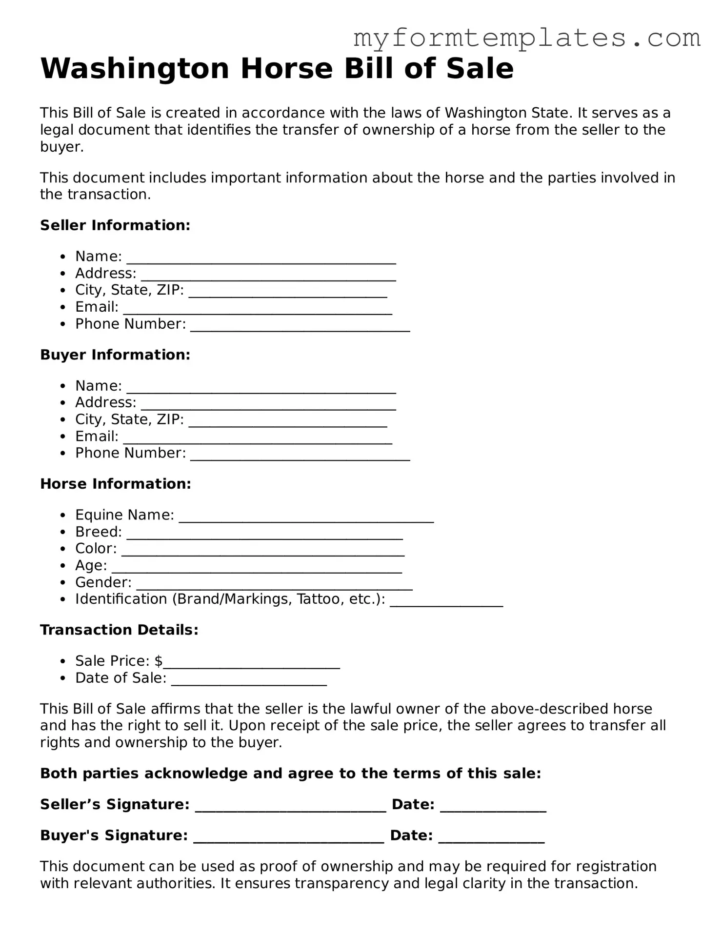 Official Horse Bill of Sale Form for the State of Washington