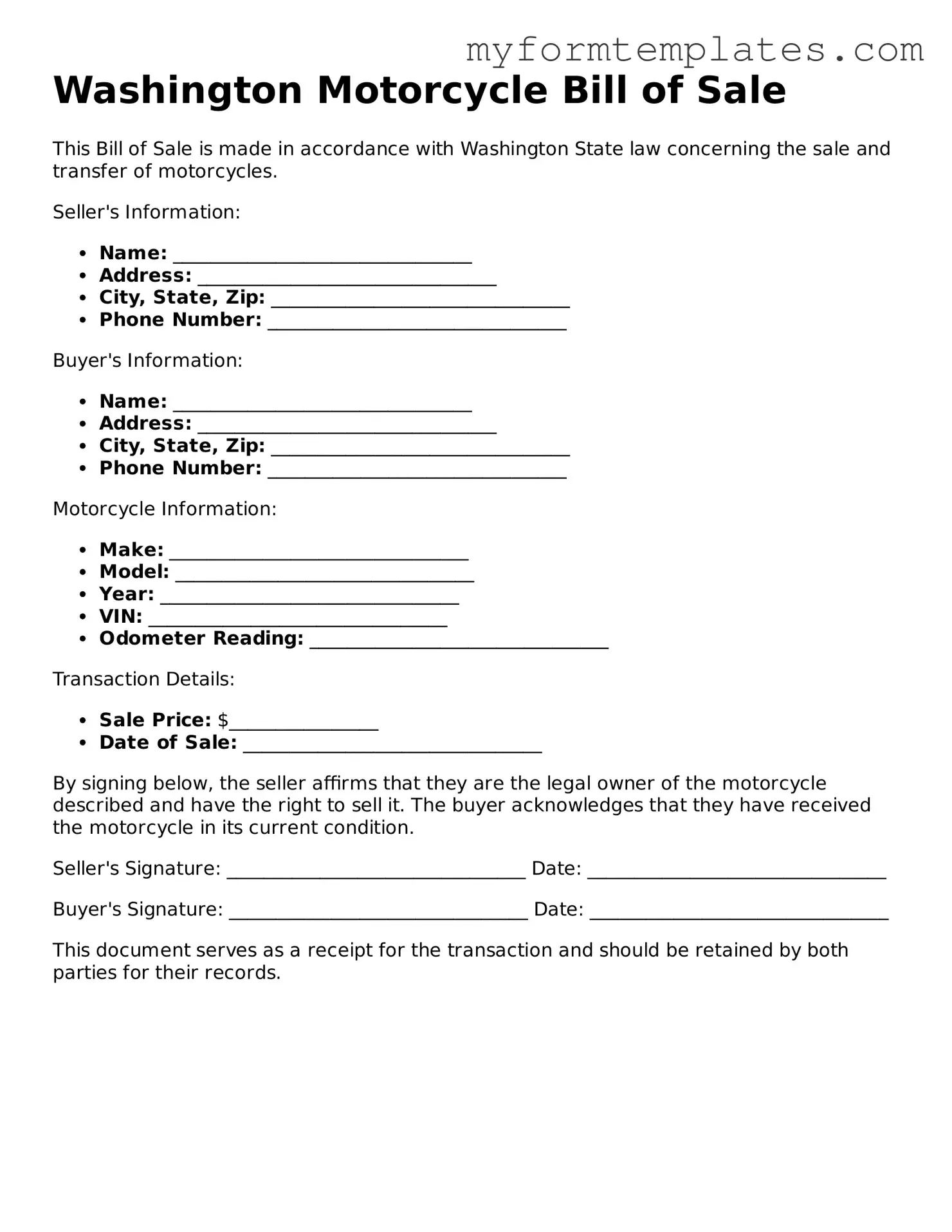 Official Motorcycle Bill of Sale Form for the State of Washington