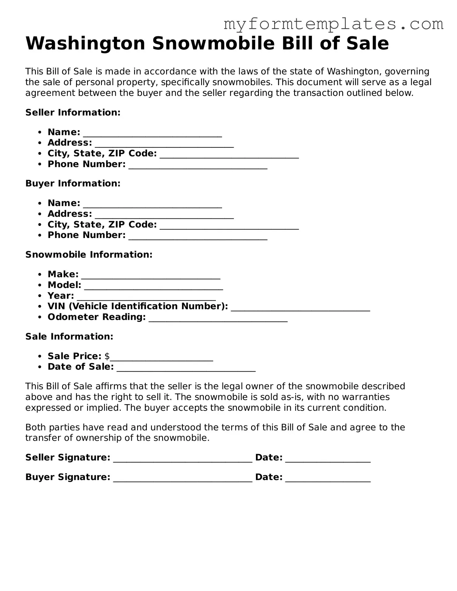 Official Snowmobile Bill of Sale Form for the State of Washington