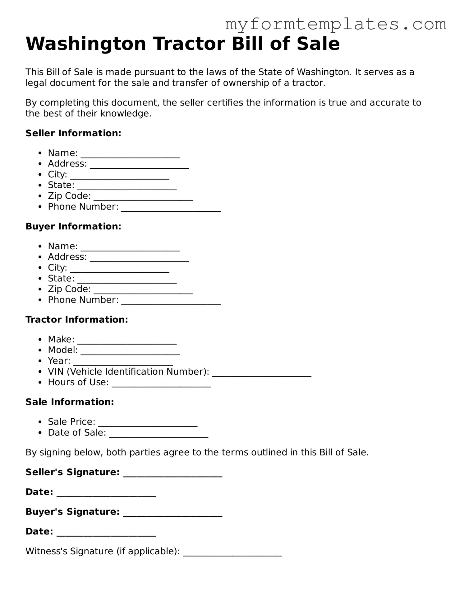 Official Tractor Bill of Sale Form for the State of Washington
