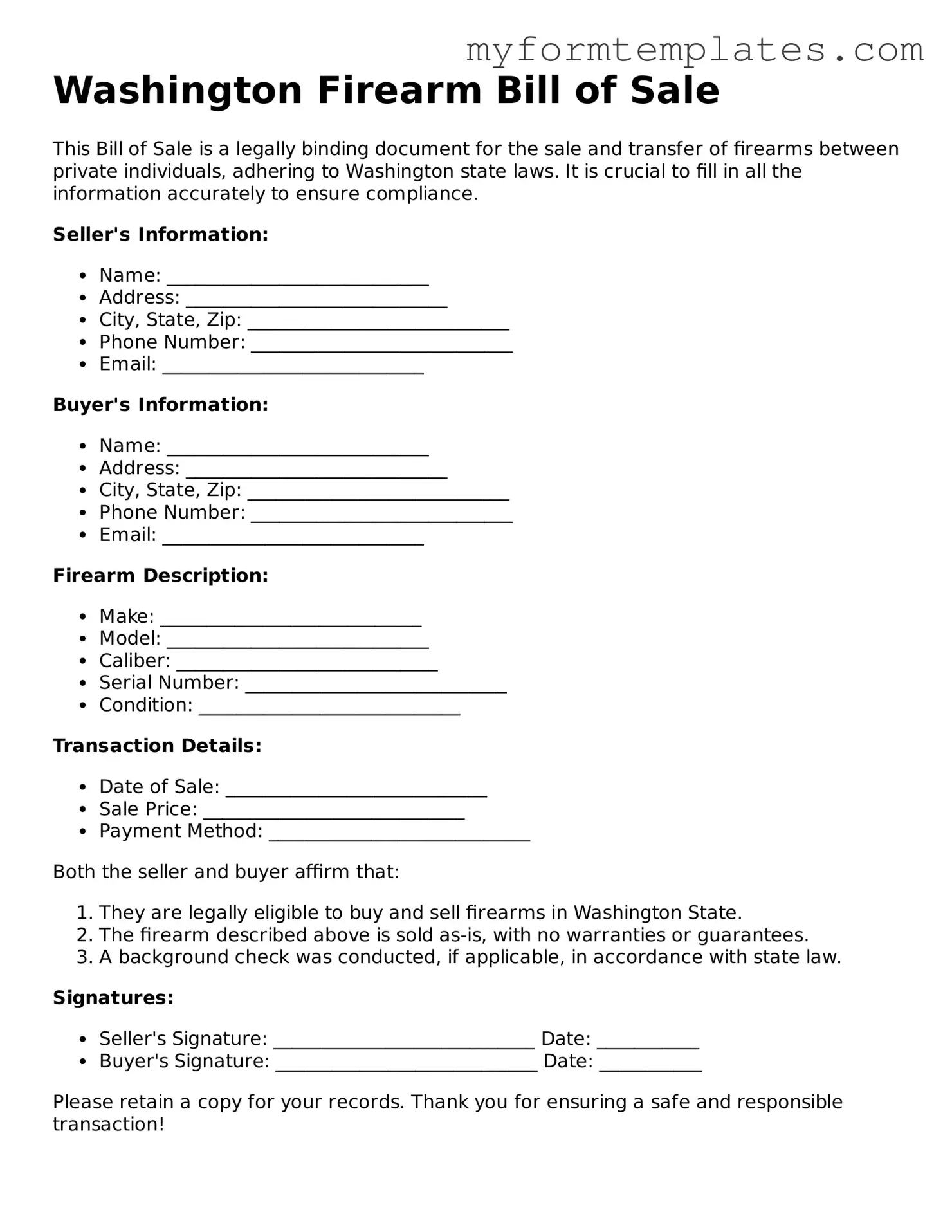 Official Firearm Bill of Sale Form for the State of Washington