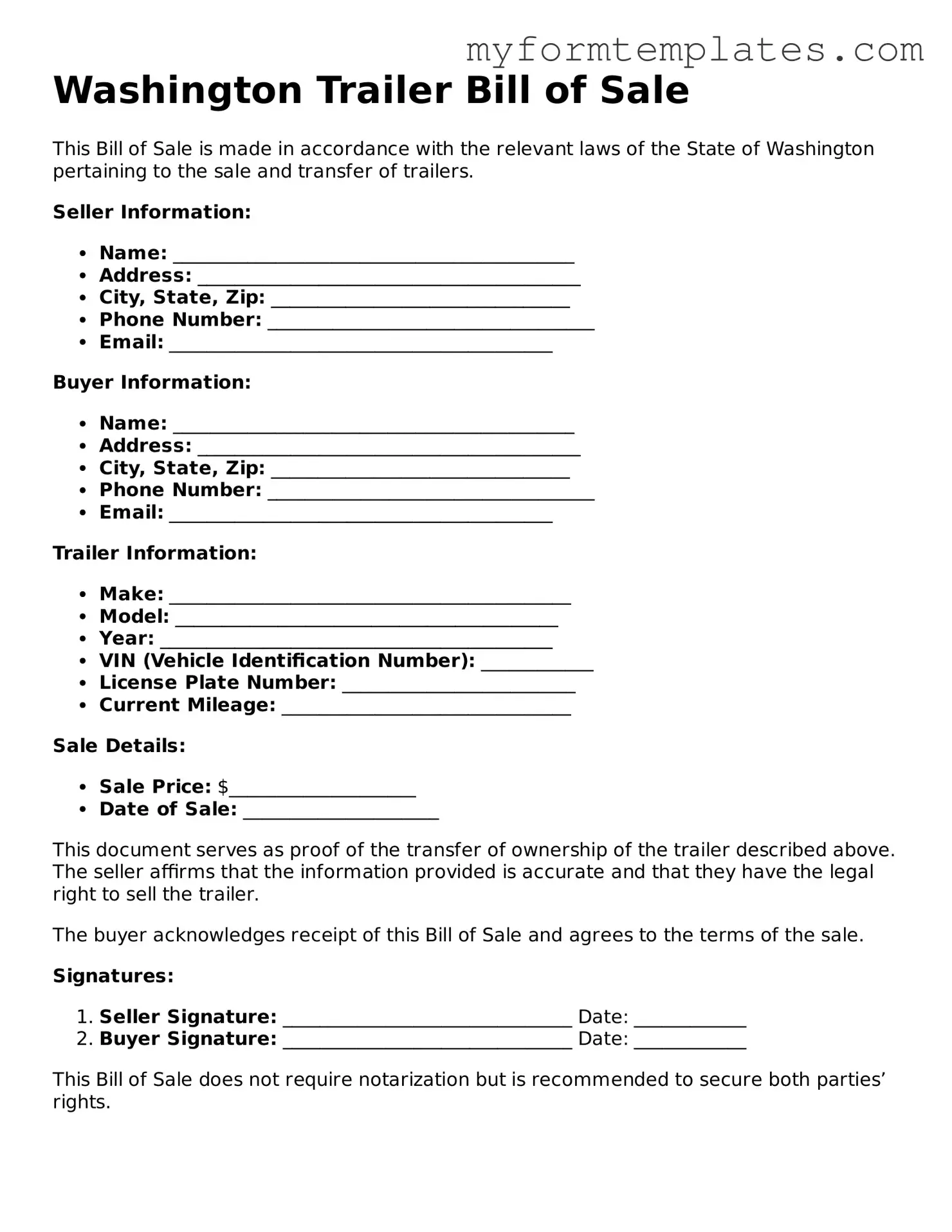 Official Trailer Bill of Sale Form for the State of Washington