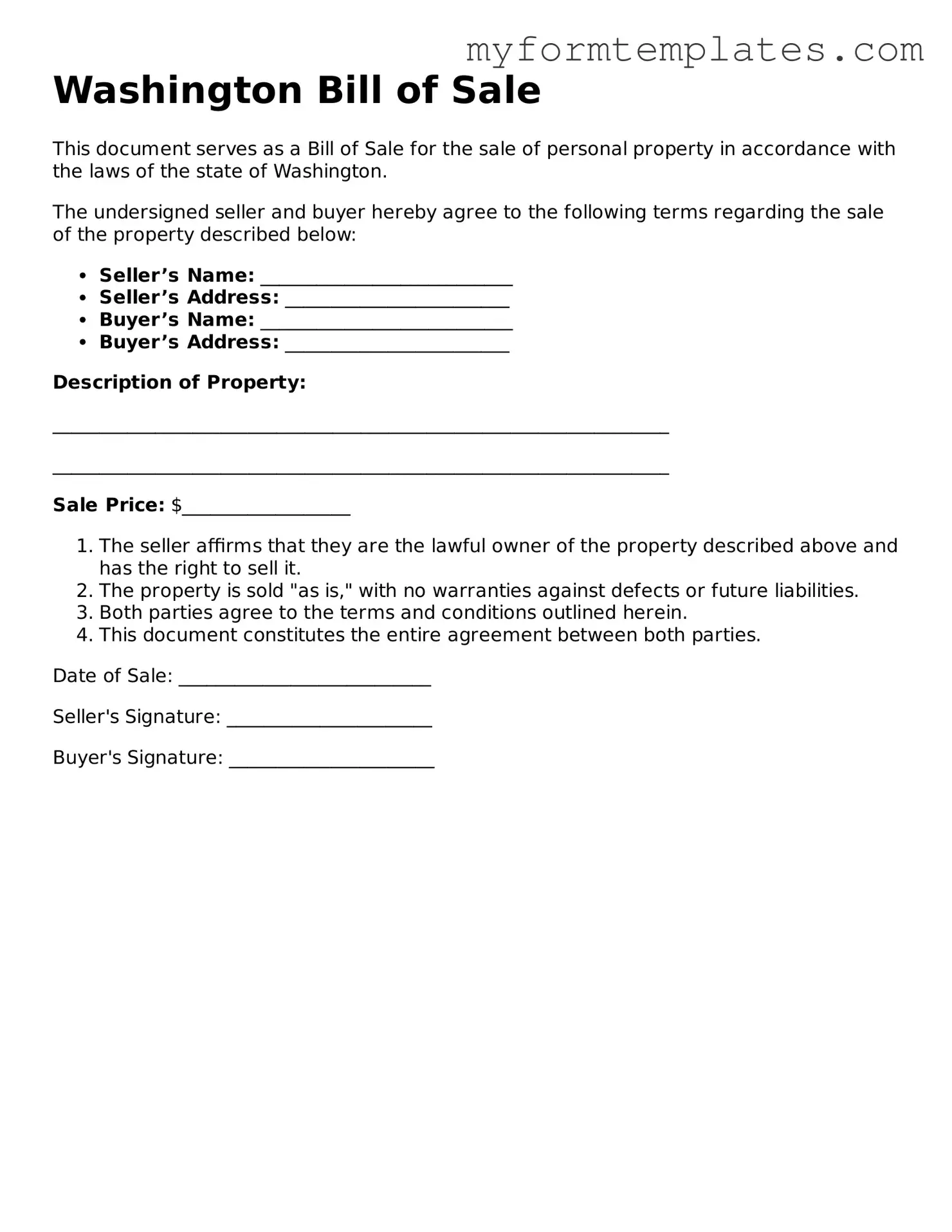 Official Bill of Sale Form for the State of Washington