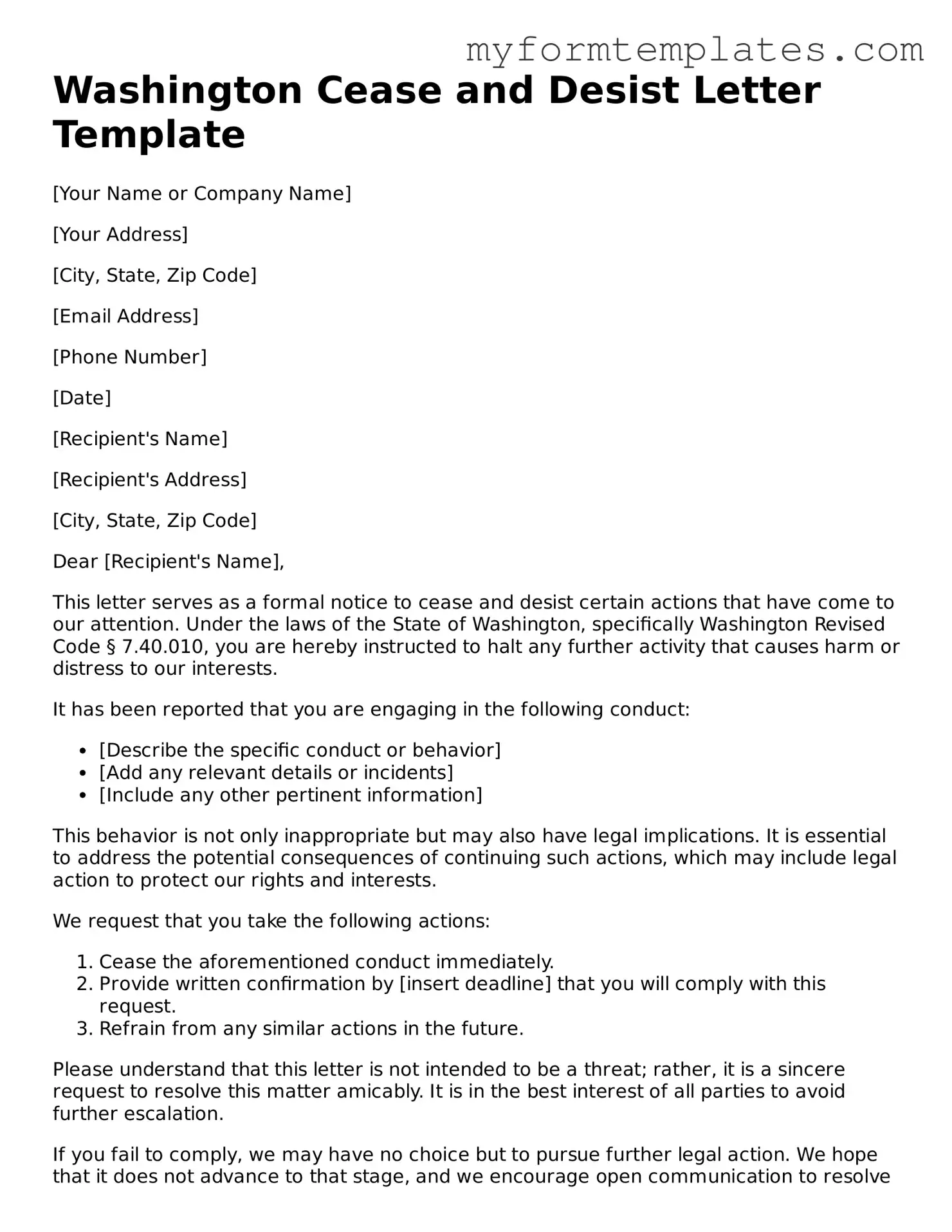 Official Cease and Desist Letter Form for the State of Washington