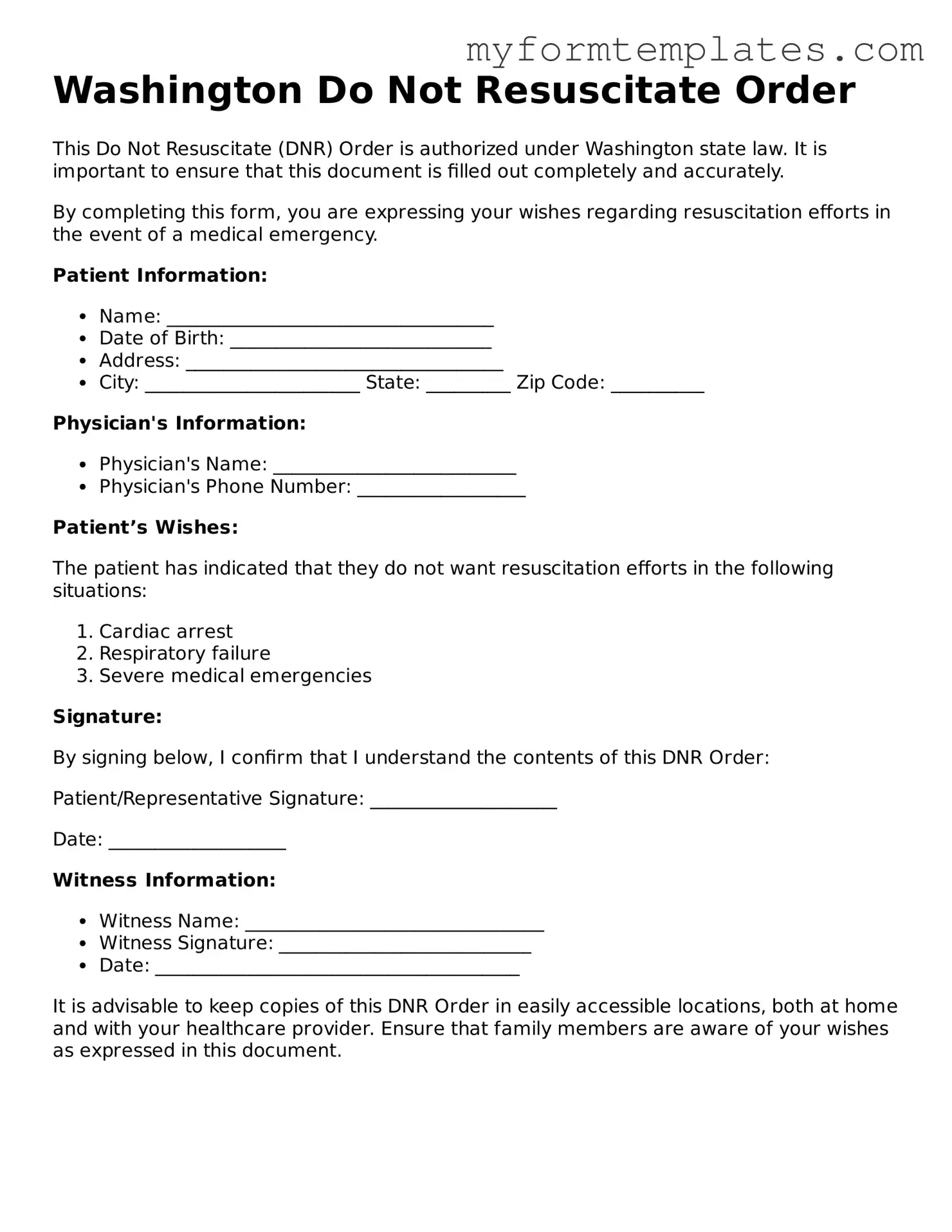 Official Do Not Resuscitate Order Form for the State of Washington