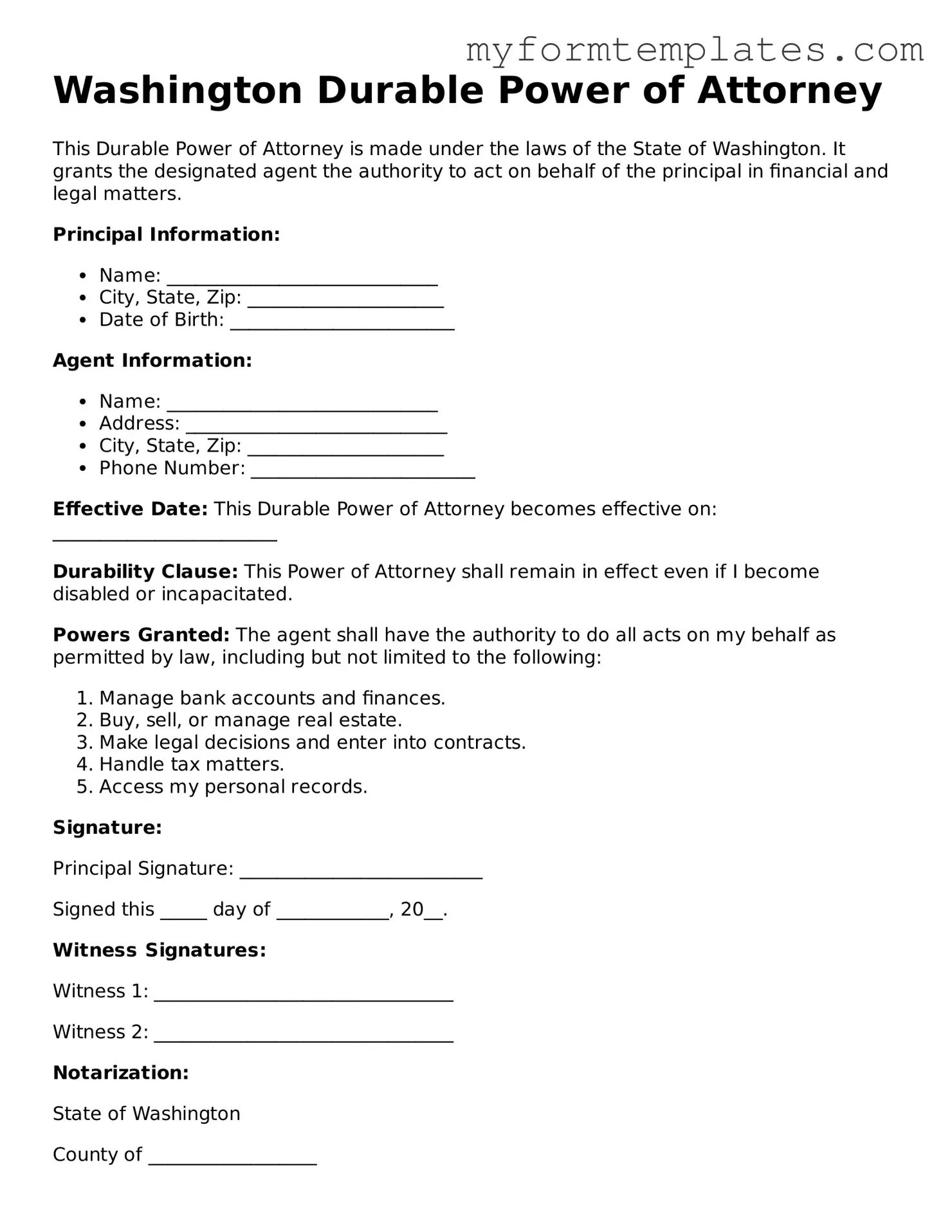 Official Durable Power of Attorney Form for the State of Washington