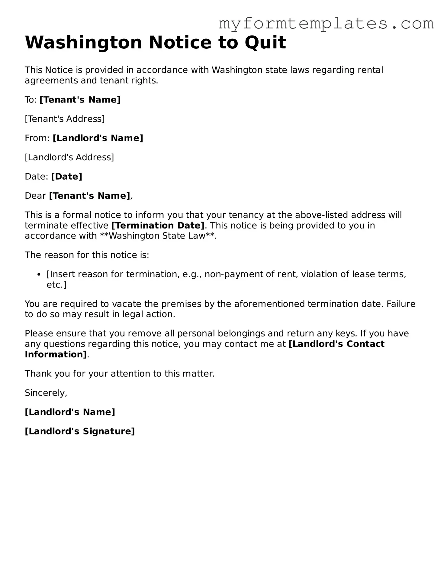 Official Notice to Quit Form for the State of Washington