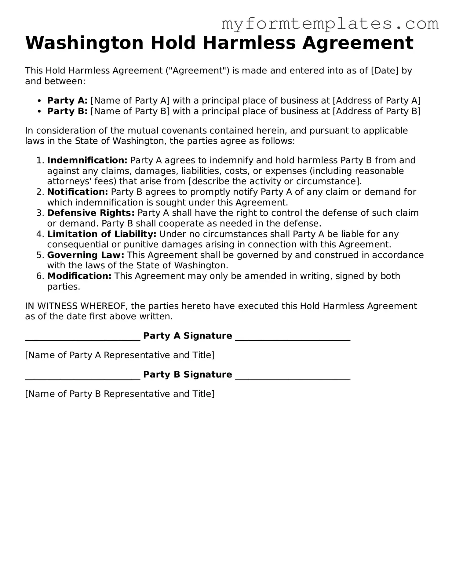 Official Hold Harmless Agreement Form for the State of Washington