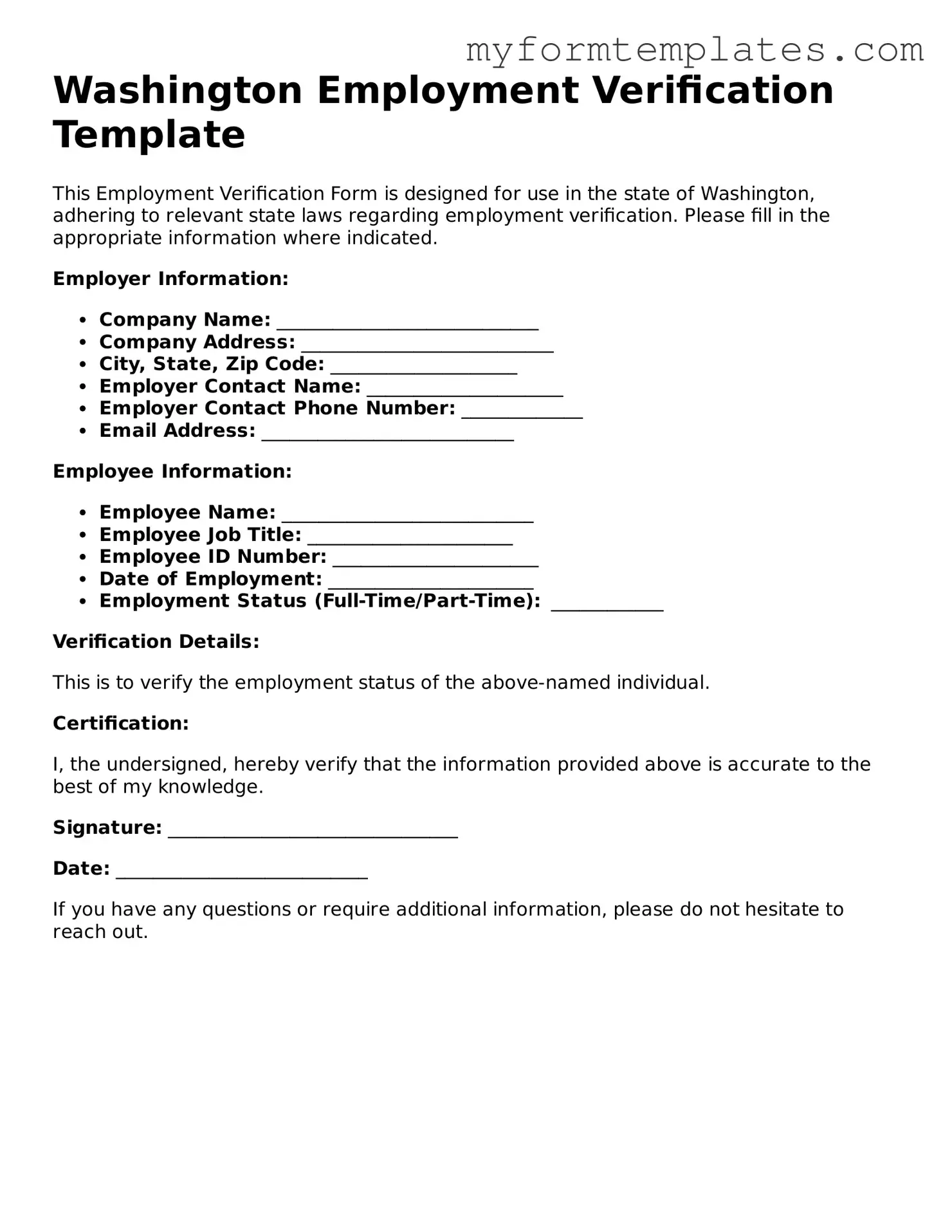 Official Employment Verification Form for the State of Washington