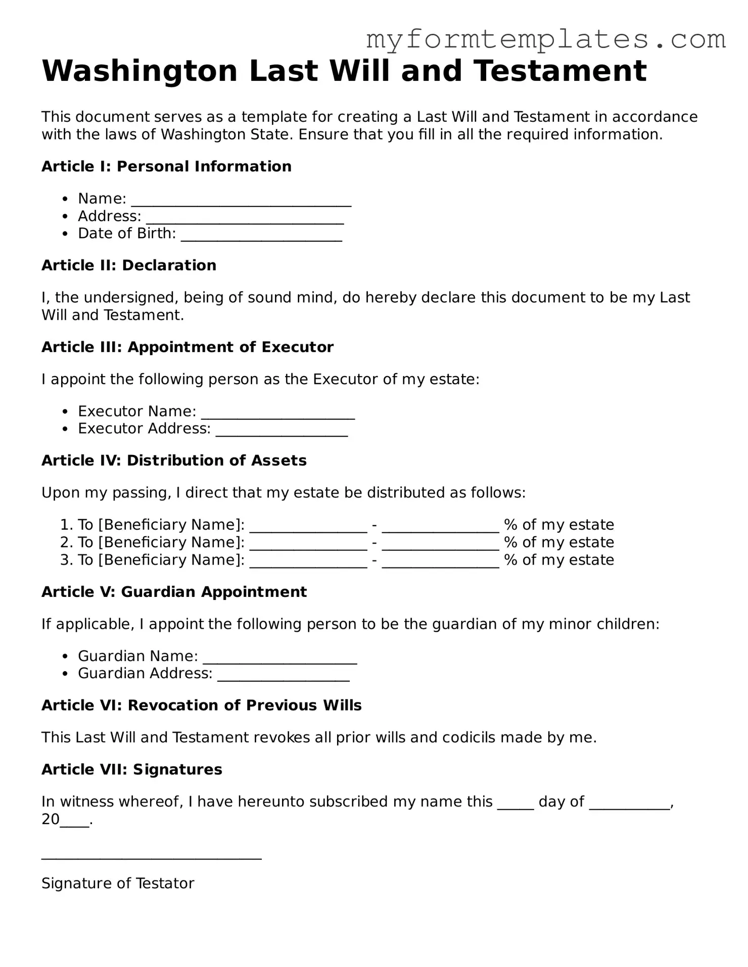 Official Last Will and Testament Form for the State of Washington