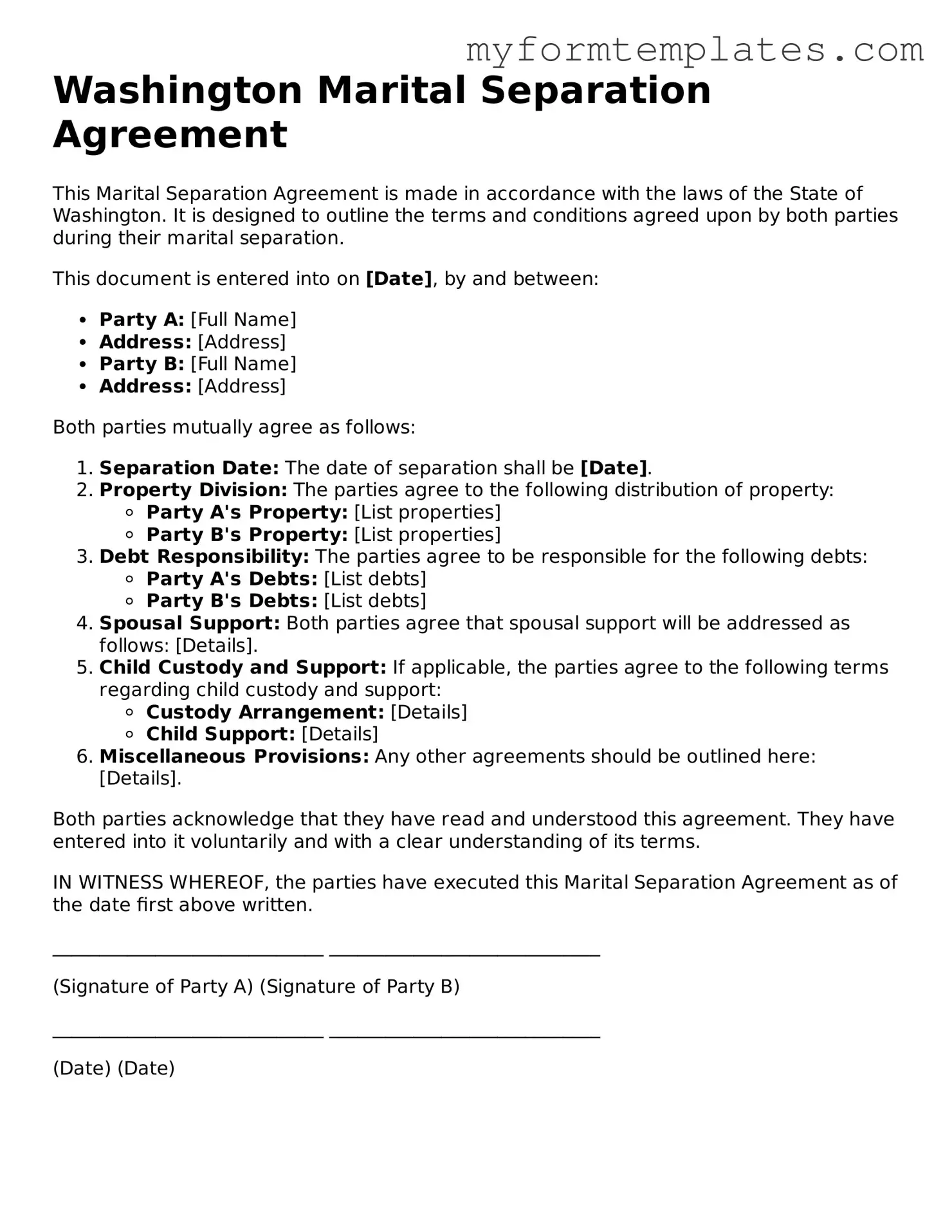 Official Marital Separation Agreement Form for the State of Washington