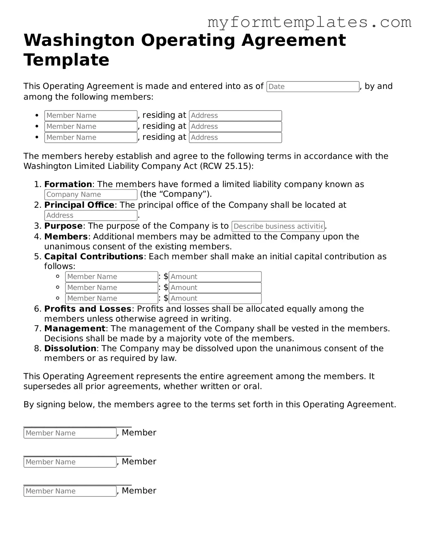 Official Operating Agreement Form for the State of Washington