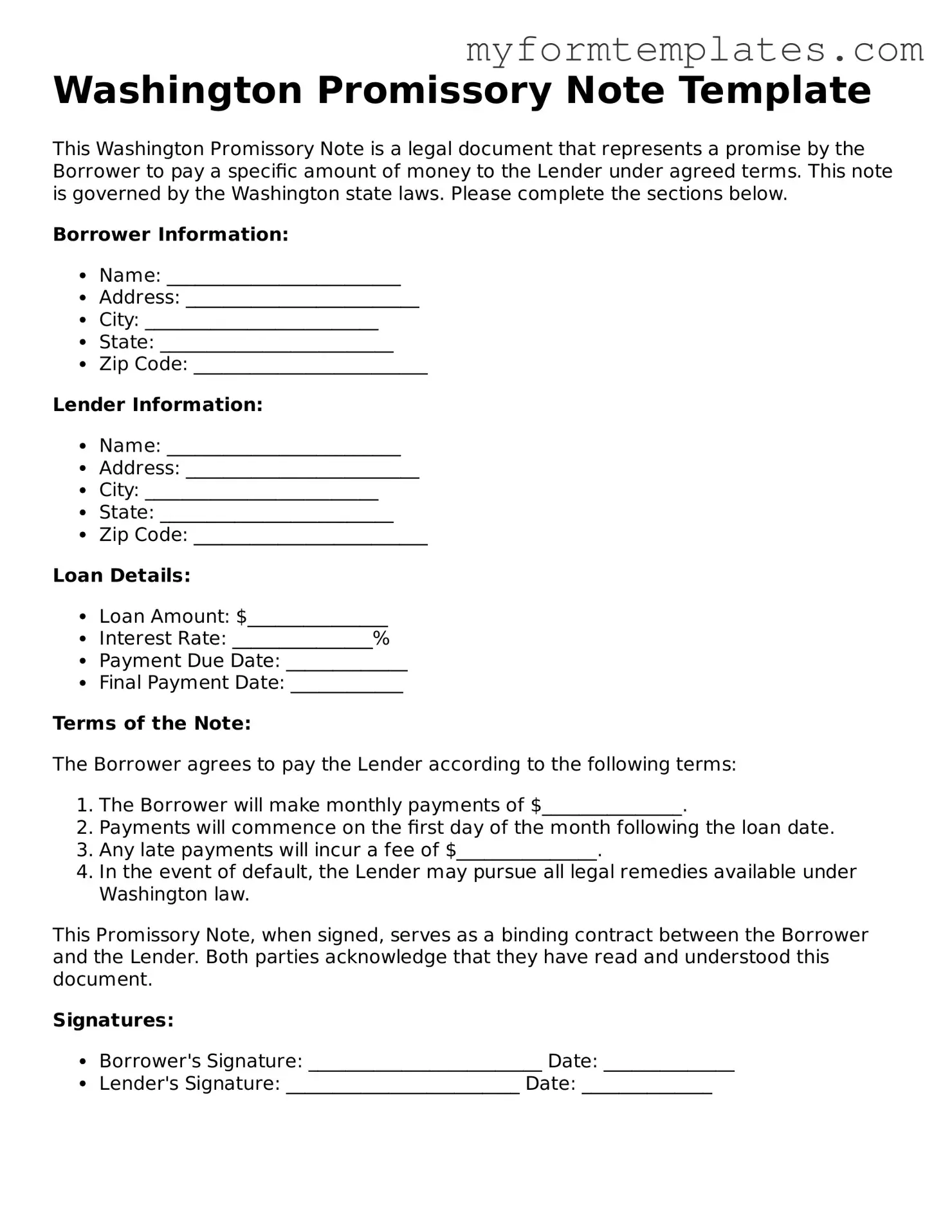 Official Promissory Note Form for the State of Washington