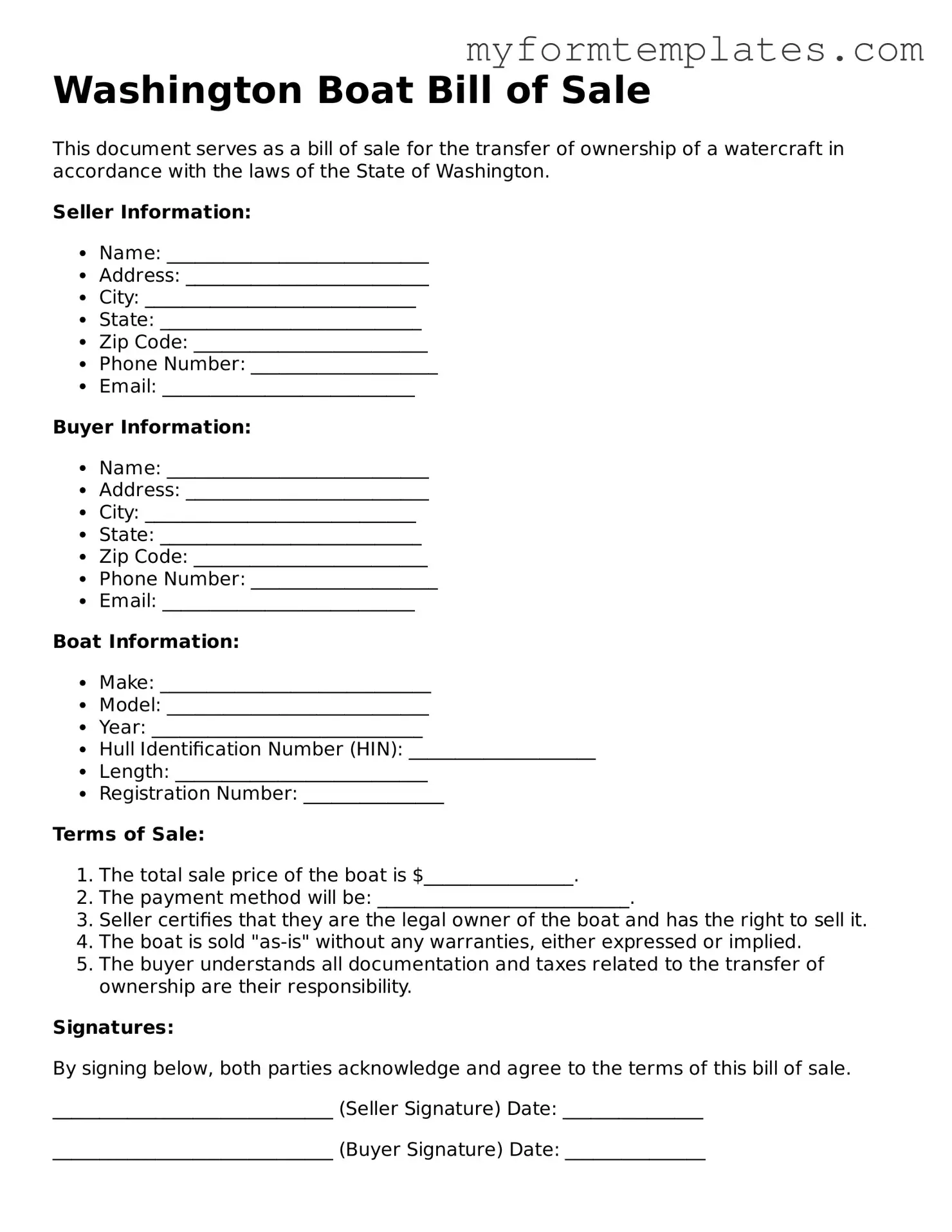Official Boat Bill of Sale Form for the State of Washington