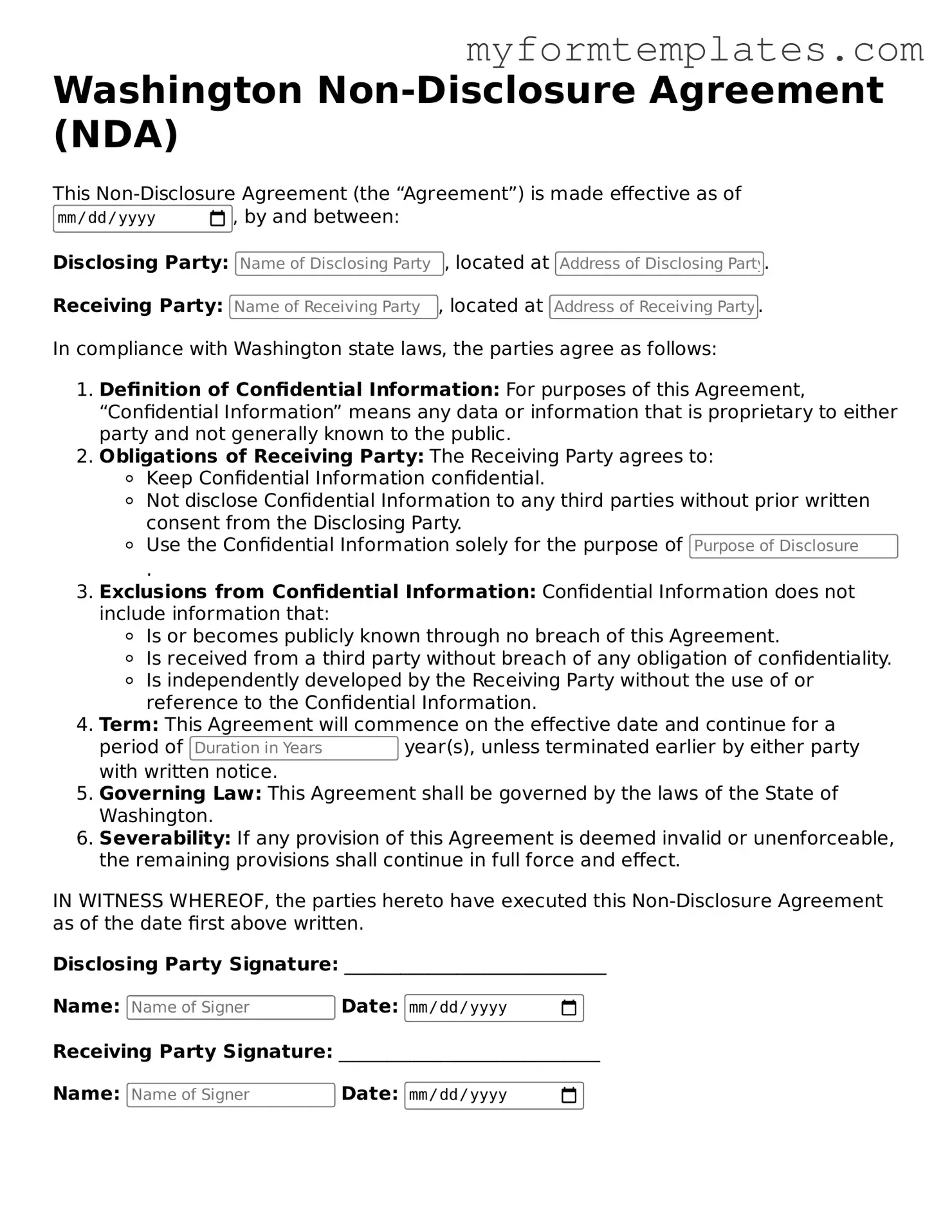 Official Non-disclosure Agreement Form for the State of Washington