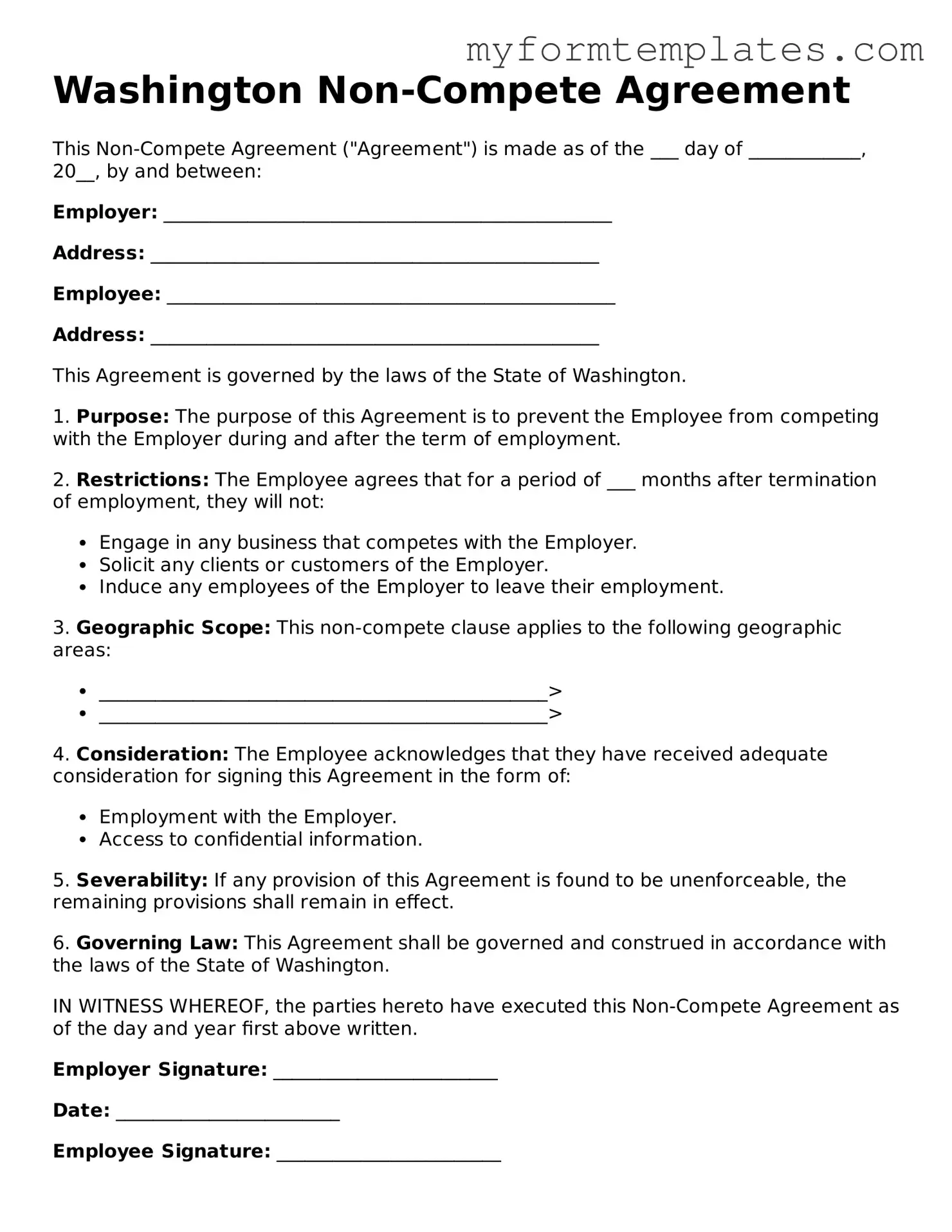 Official Non-compete Agreement Form for the State of Washington