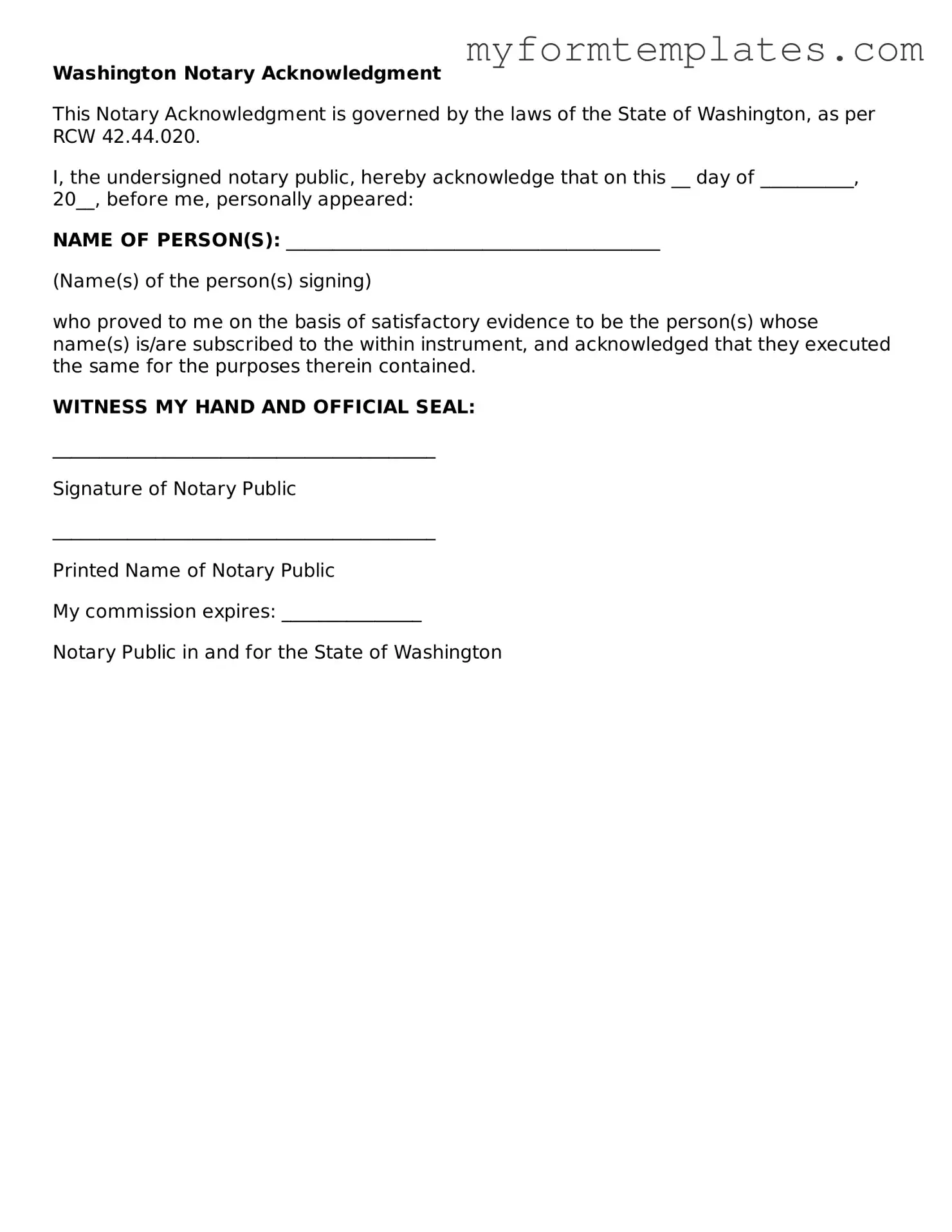 Official Notary Acknowledgement Form for the State of Washington