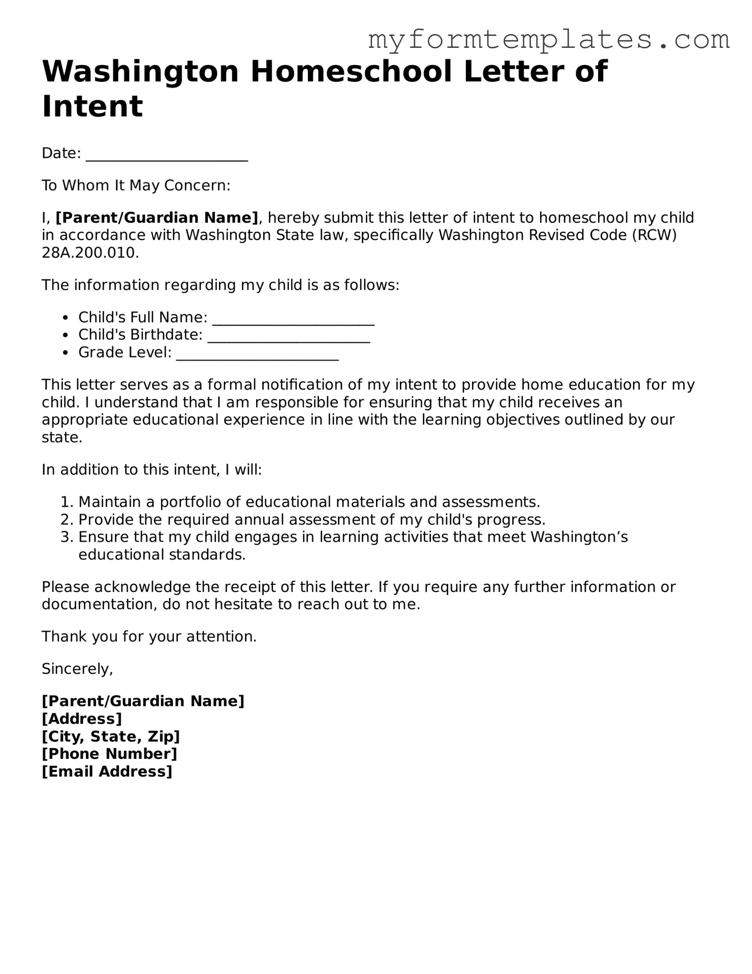 Official Homeschool Letter of Intent Form for the State of Washington