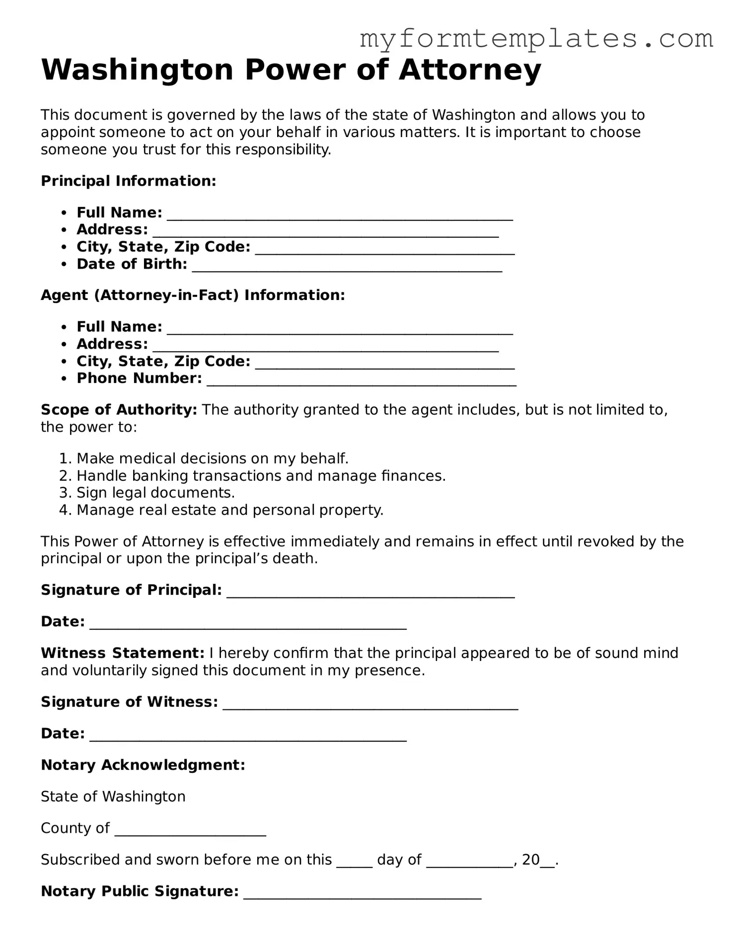 Official Power of Attorney Form for the State of Washington