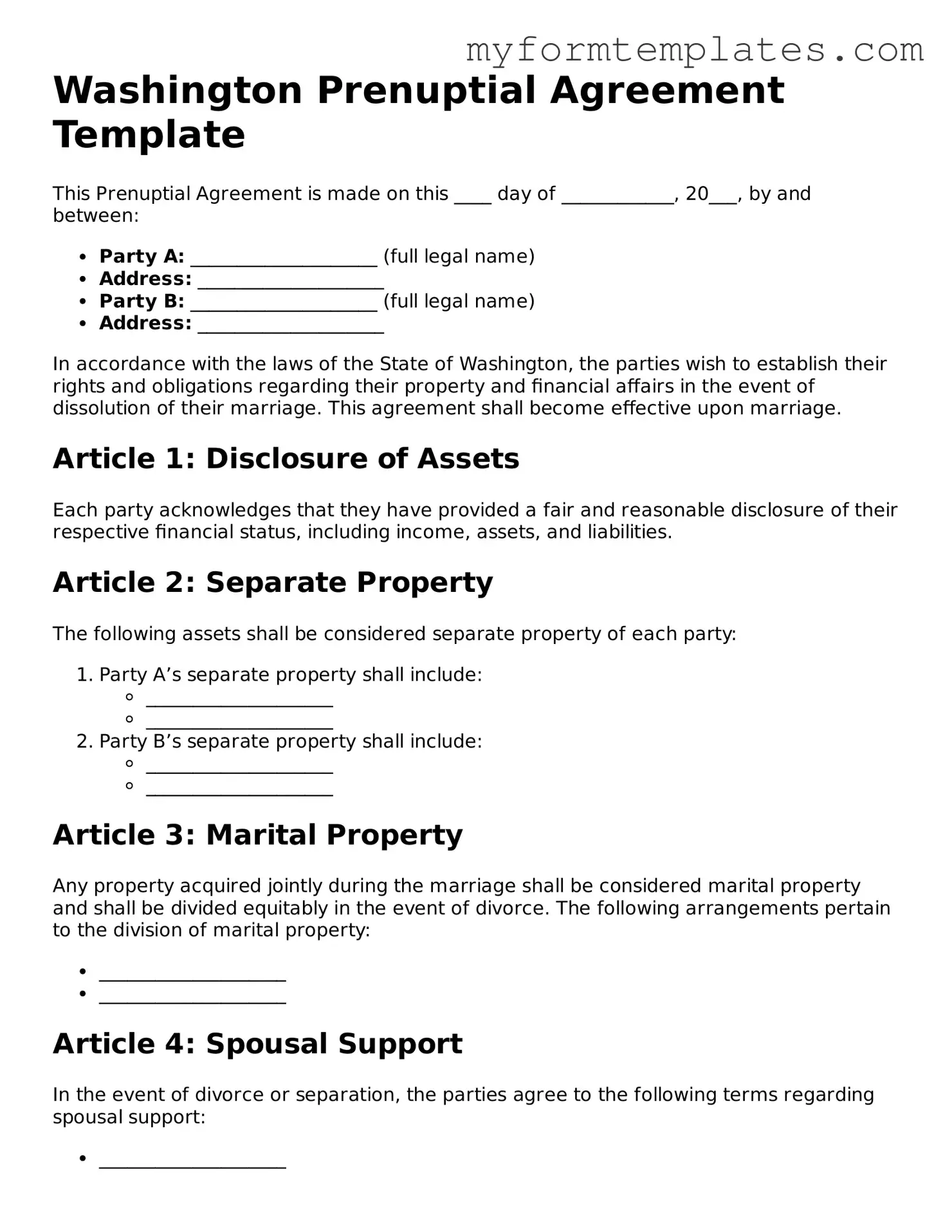 Official Prenuptial Agreement Form for the State of Washington