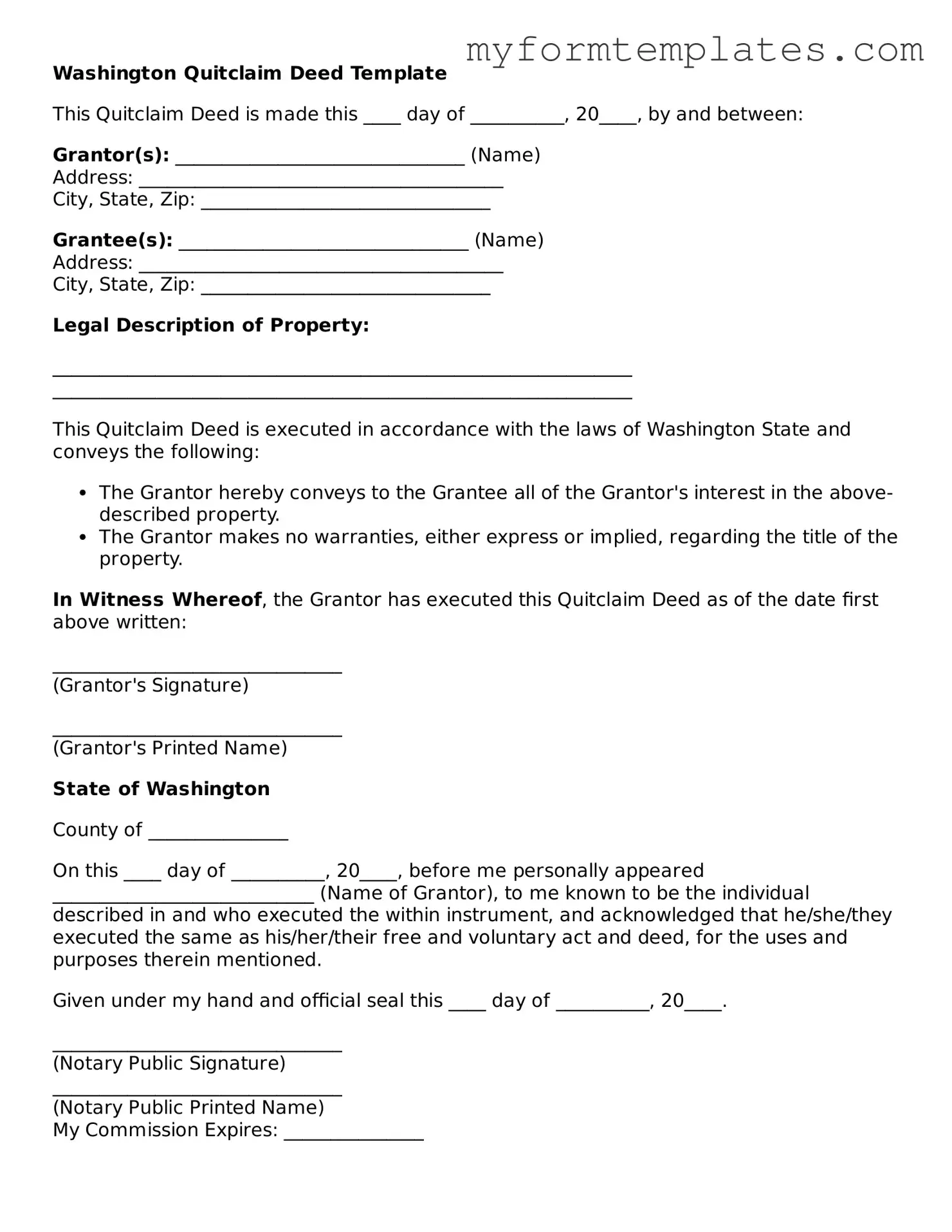 Official Quitclaim Deed Form for the State of Washington