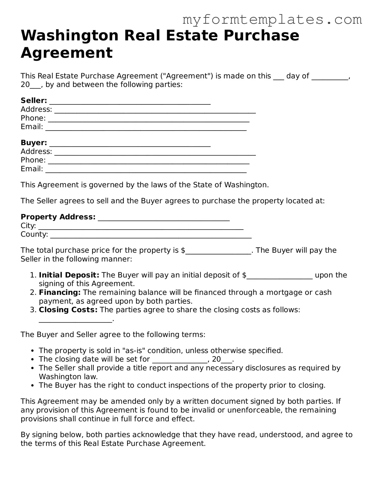 Official Real Estate Purchase Agreement Form for the State of Washington
